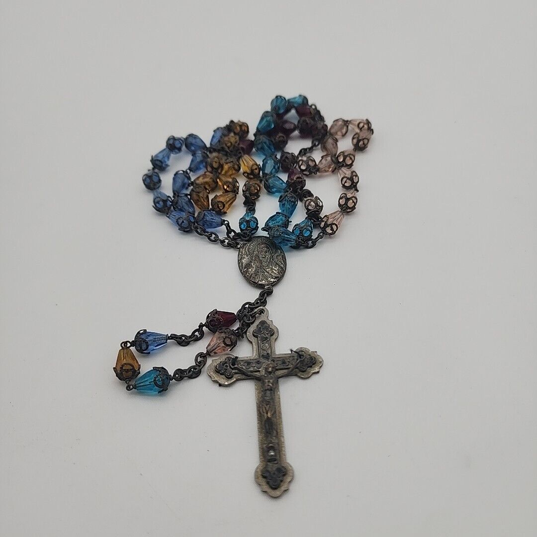 Vintage Antique Catholic Rosary 22” Necklace Inri Holy Mary Jesus Italy Colorful