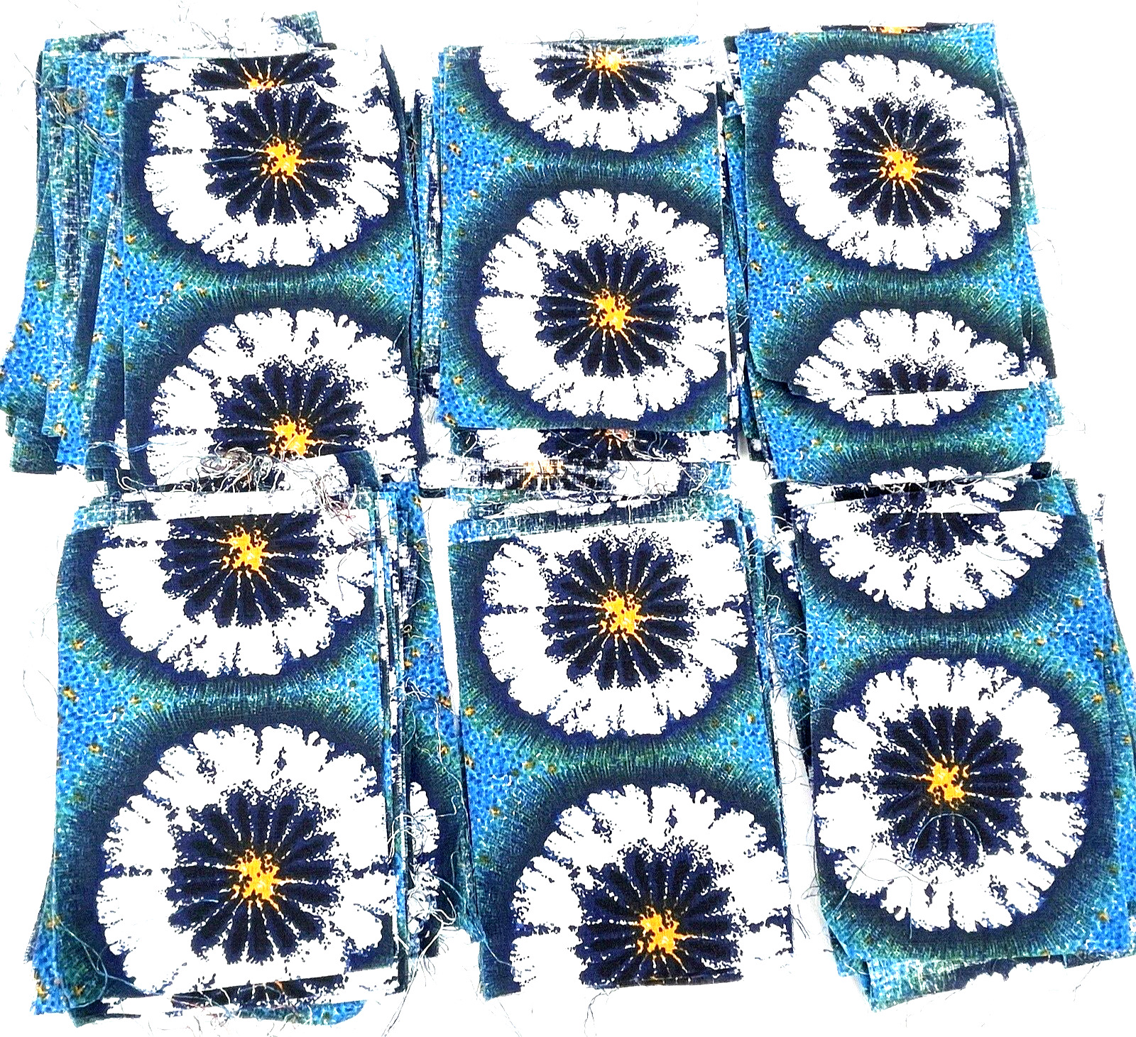 Vintage Barkcloth Fabric MCM Mod Blue Flower Power Lot Floral Quilt Squares 87