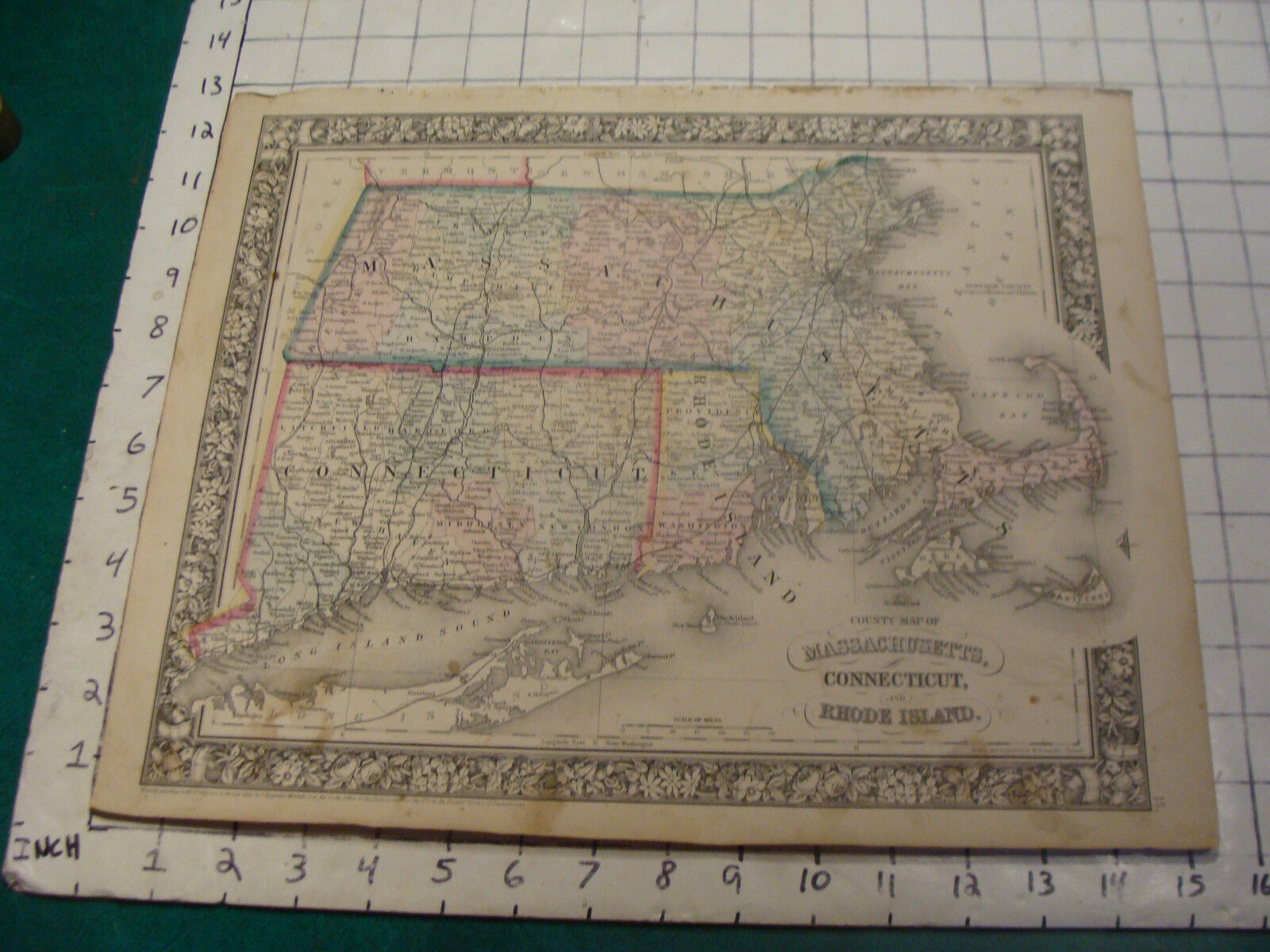ORIGINAL Hand colored 1862 Mitchell Map: 15 1/4 x 12 1/2-Mass Conn, Rhode Island