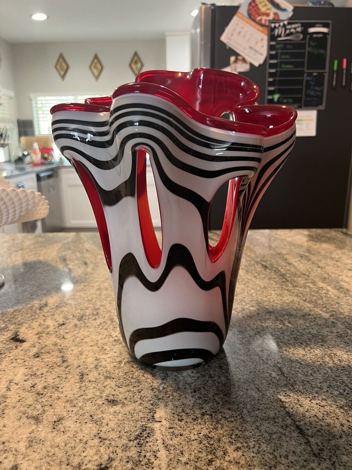 Handblown FAZZOLETTO RED, BLACK, WHITE Zebra Art Glass Vase