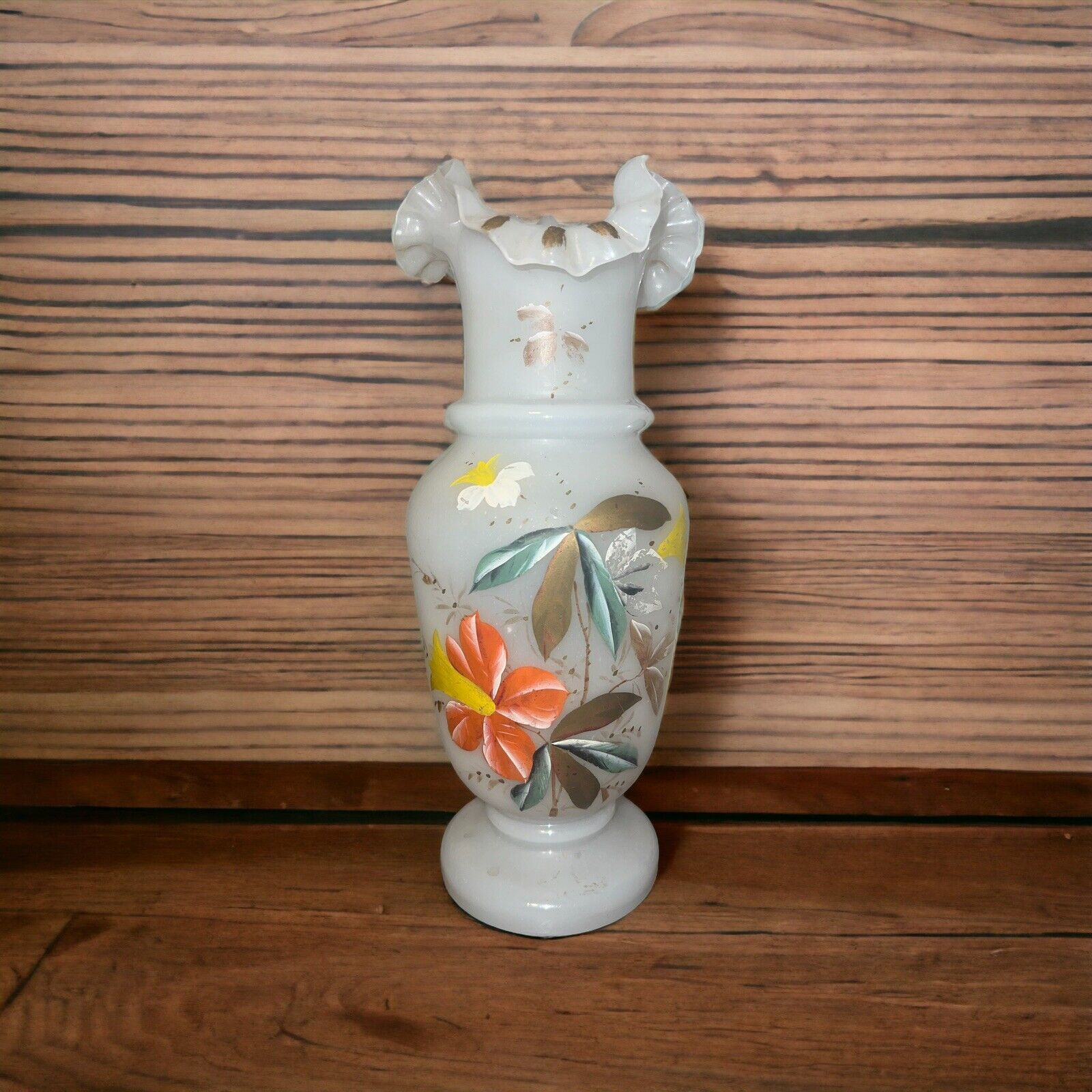 Antique Bristol Glass Vase, Ruffled Handpainted Florals-as Is