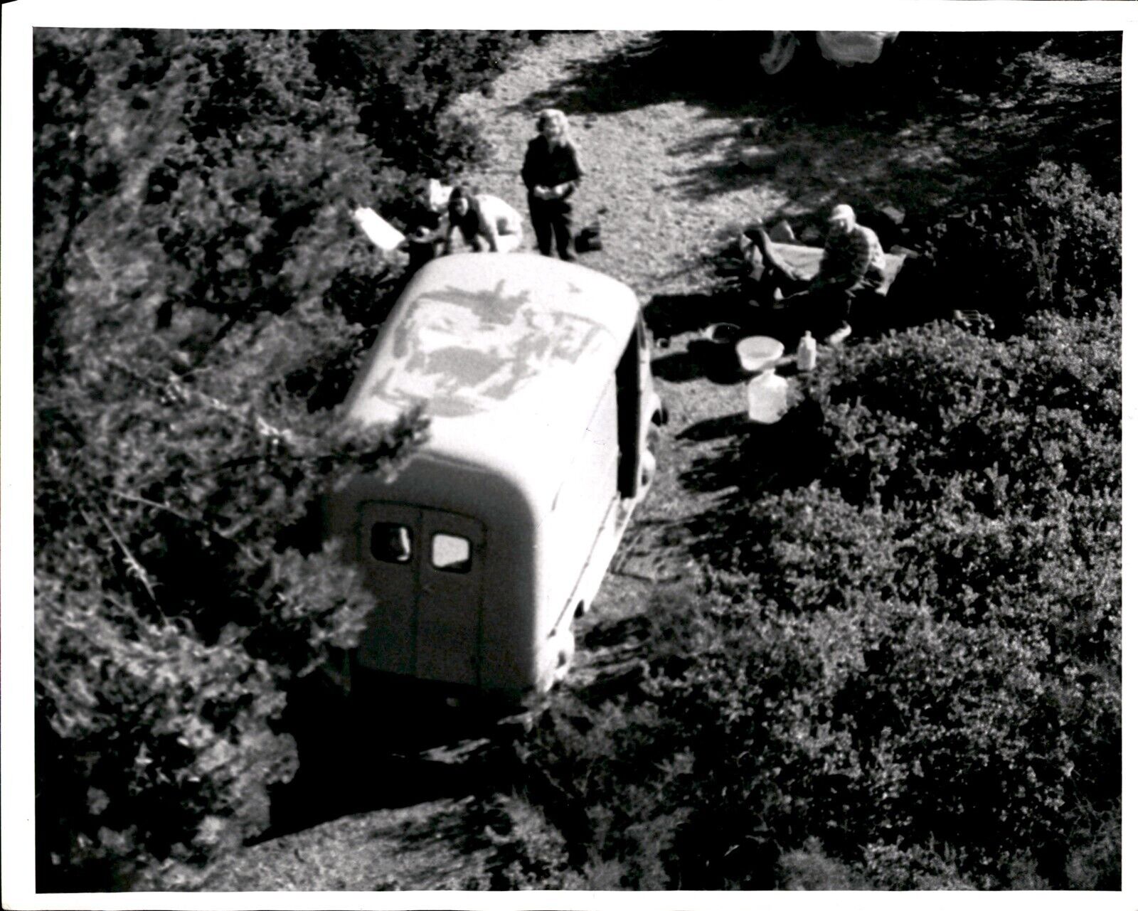 LD352 1968 Original Russ Reed Photo HIPPY CAMP HIDDEN IN WOODS AERIAL OF VAN