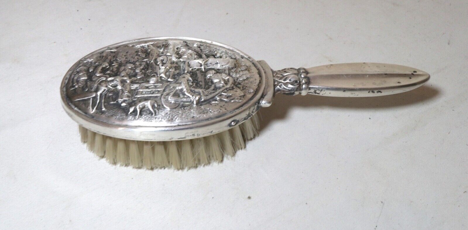 antique elaborate Danish Denmark silver-plate wood figural hair beard brush