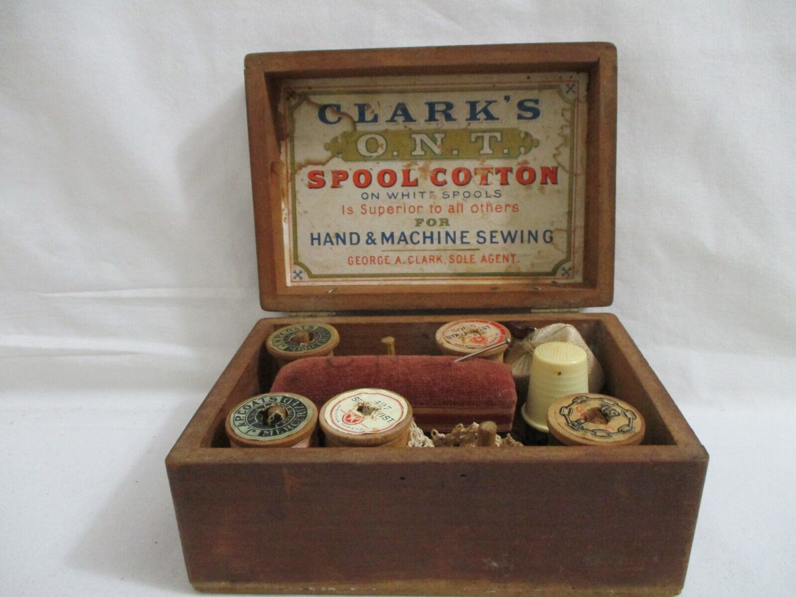 Vintage/antique Clarks thread spool-pin cushion wooden sewing box