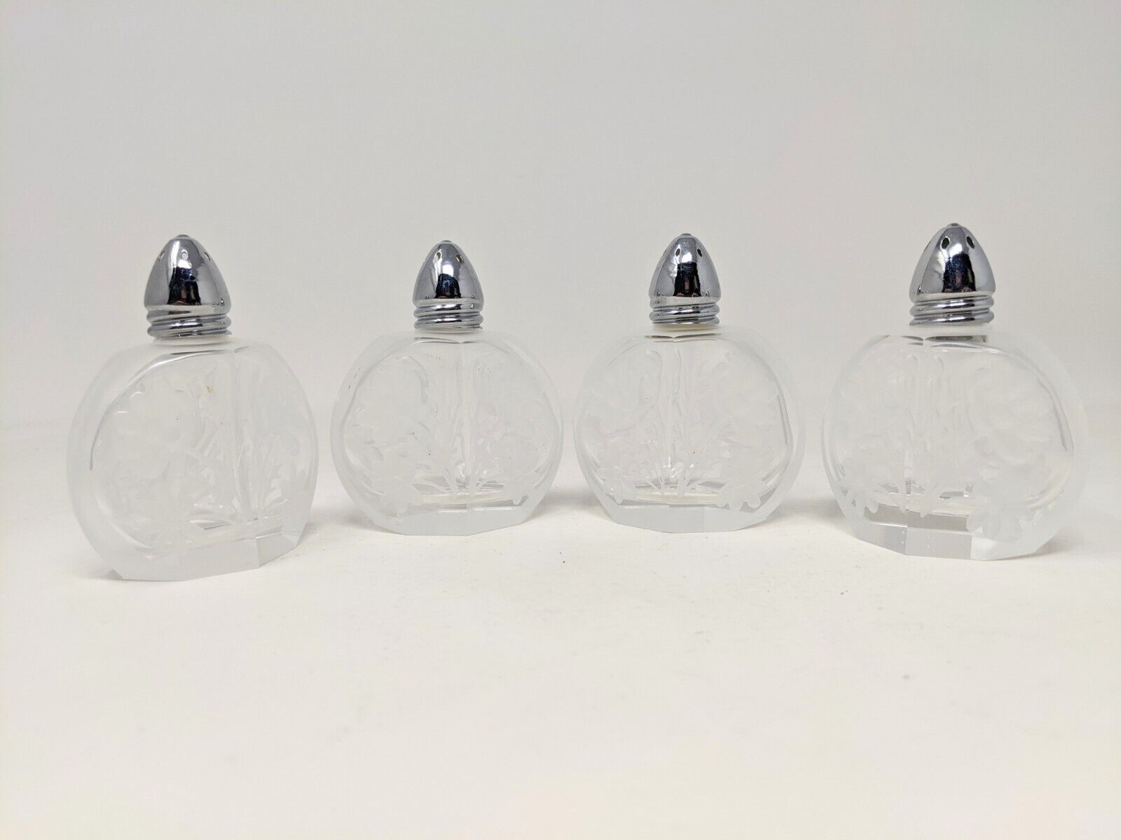 Vintage Floral Etched Glass Salt and Pepper Shaker Set of Four, Clear & Silver