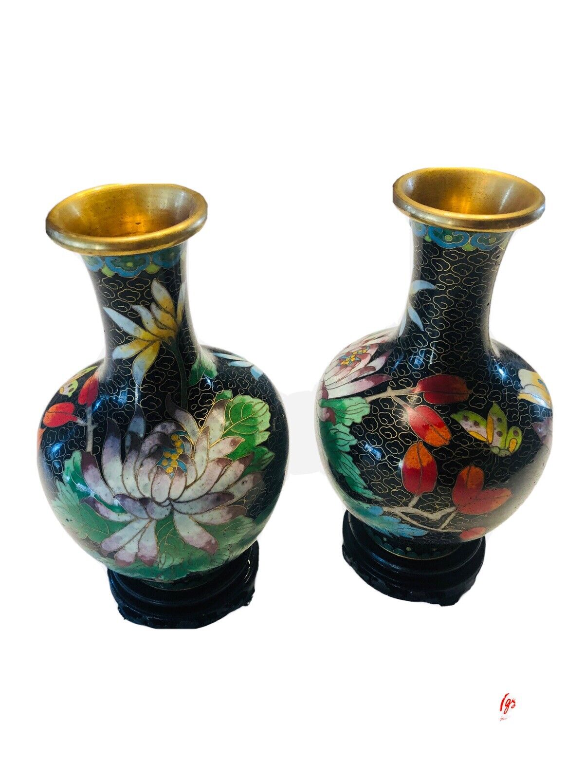Lovely Pair of Vintage Chinese Floral Cloisonne Enamel Vases - Gilt Brass Metal