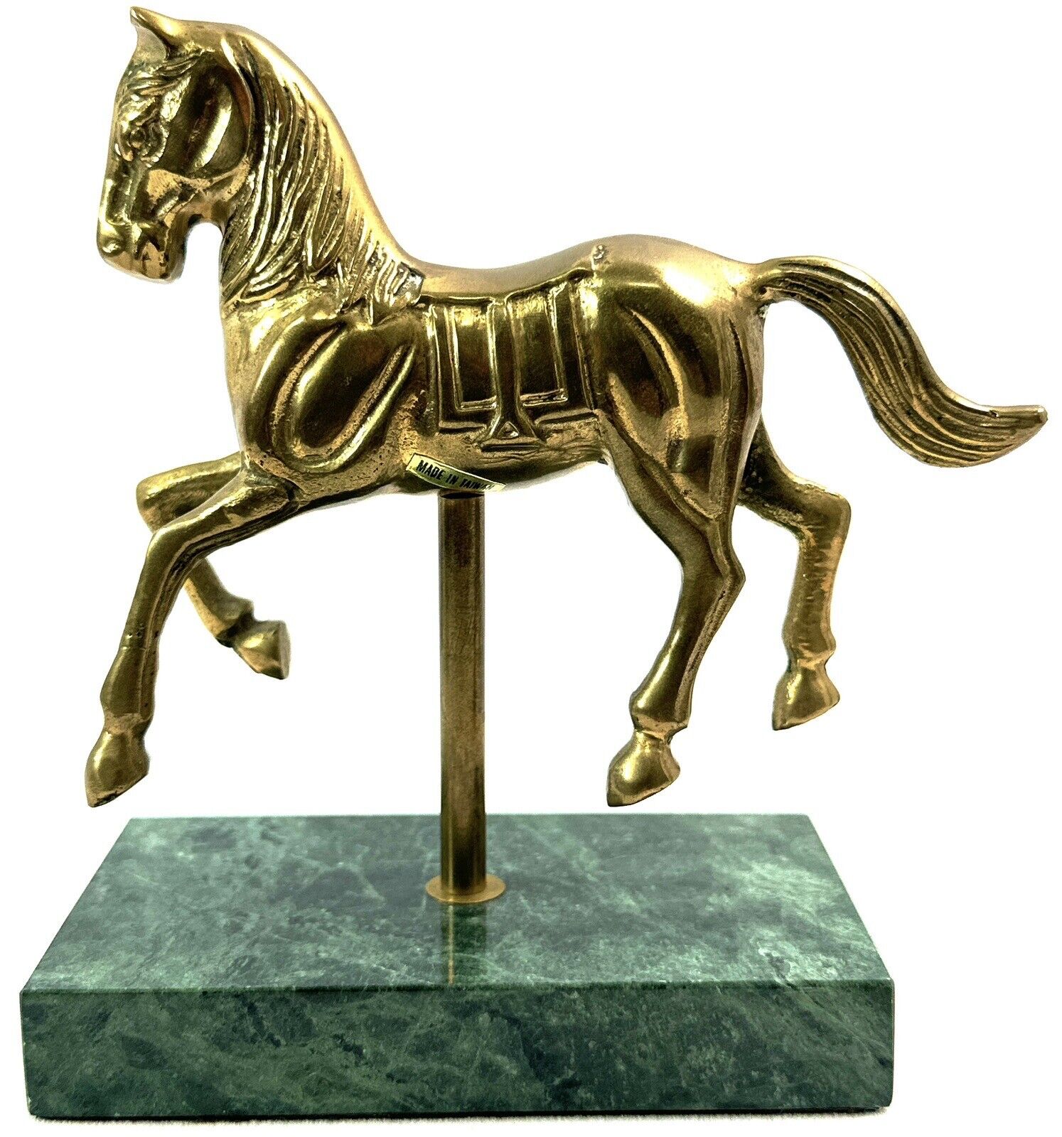Vintage Brass Carousel Horse On Green Marble Base 5.5” Tall 5” Long