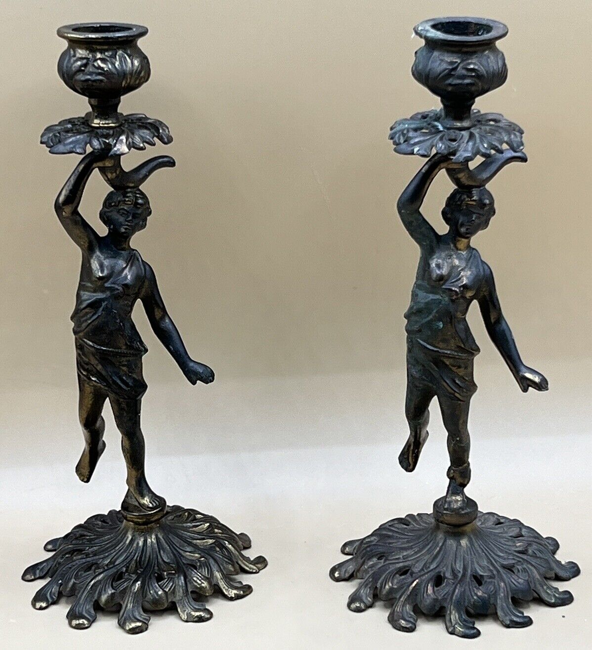 Pair Of Iron Art Nouveau Candlesticks Standing Water Bearer Candleholders