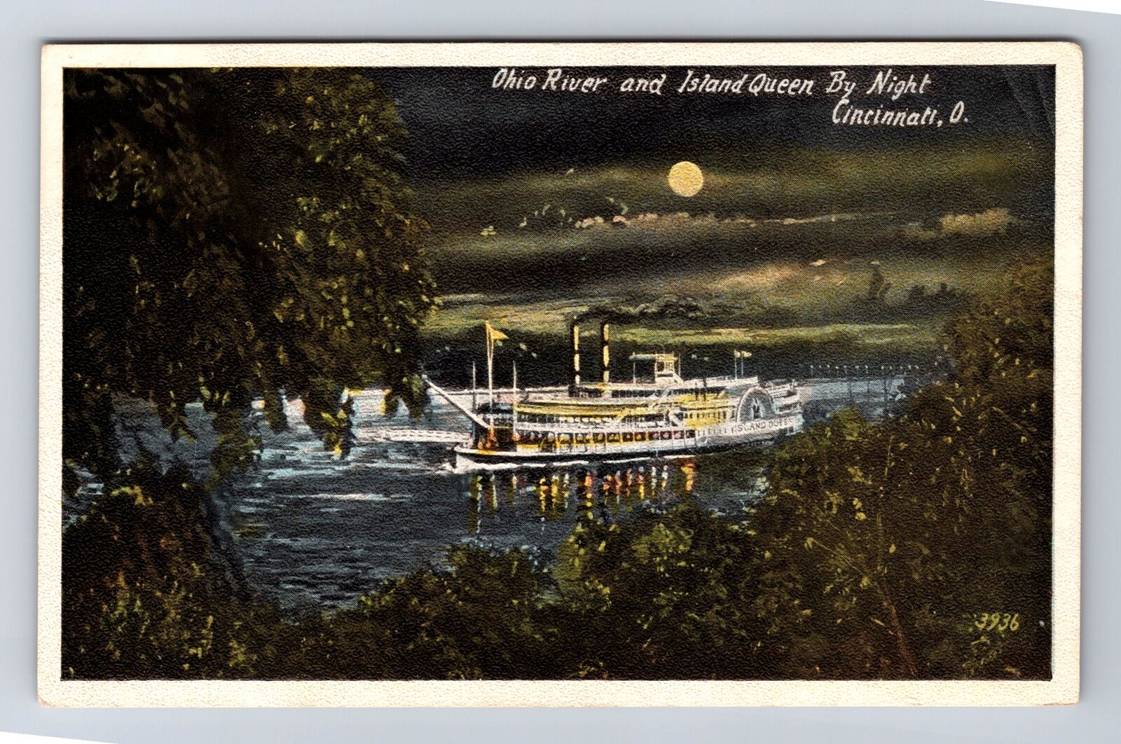 Cincinnati OH-Ohio, Ohio River And Island Queen By Night, Vintage Postcard