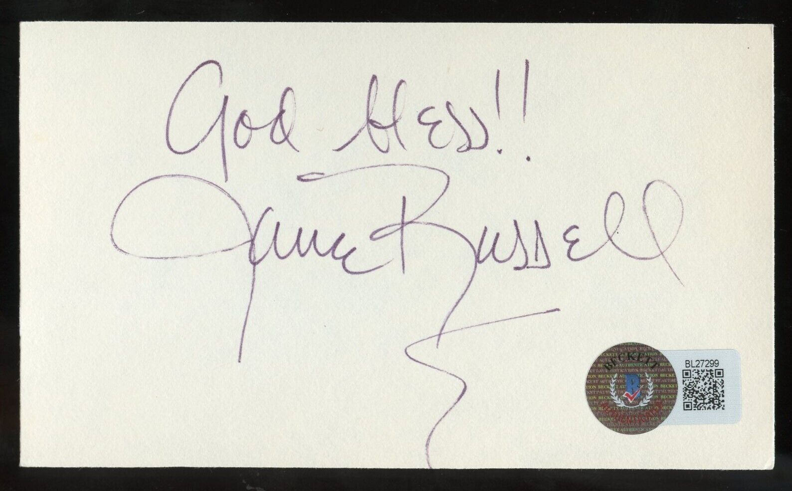 Jane Russell d2011 signed autograph 3x5 card Actress Hollywood Sex Symbol BAS