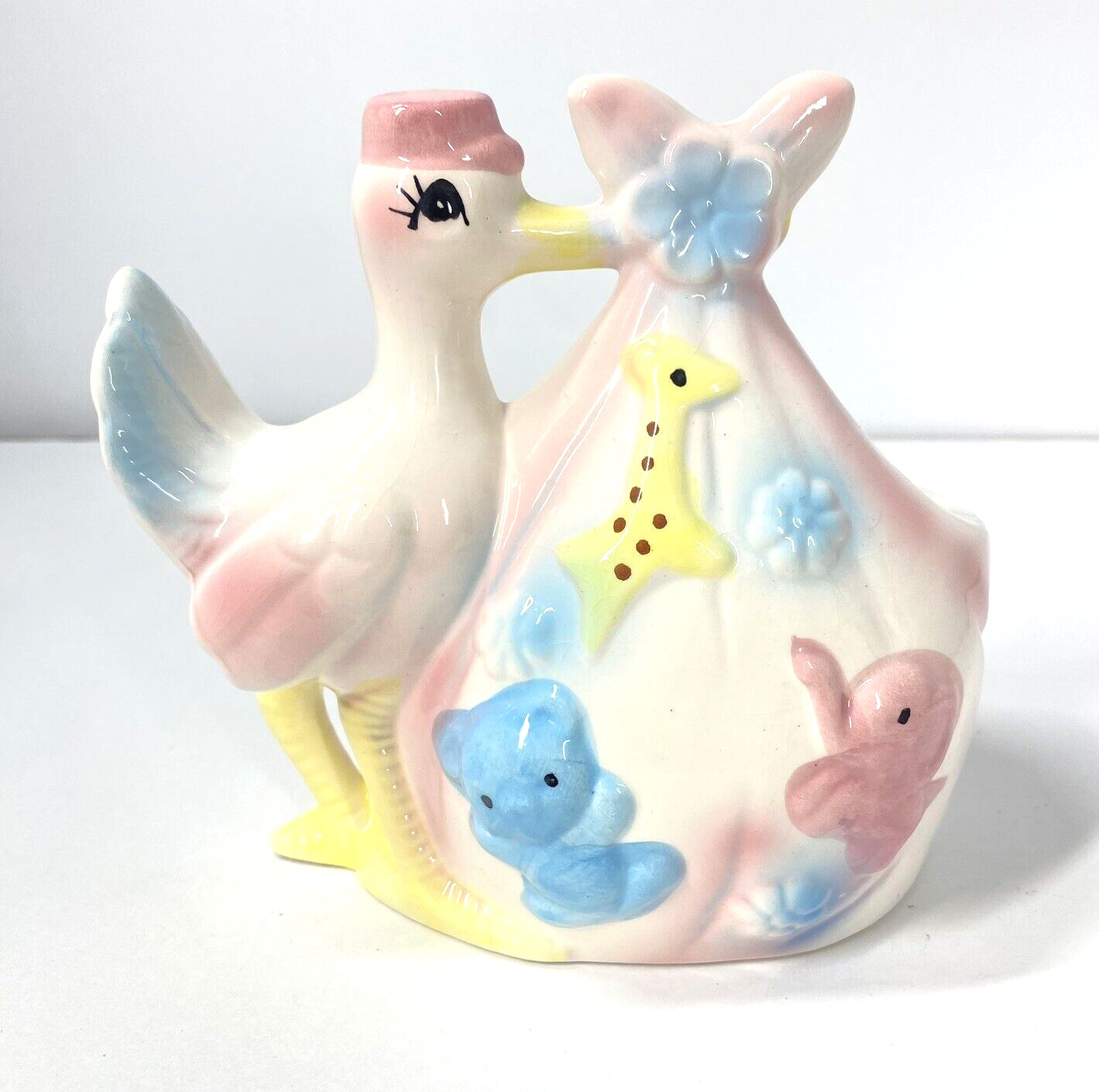 Vintage Stork & Bag Ceramic Planter Japan Baby Nursery Kids Reubens