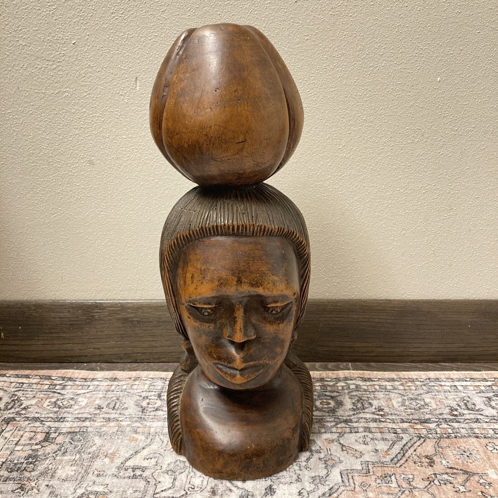 Hand Carved Mahogany Native, Asian, Tribal, Ethnic Bust Statue LARGE