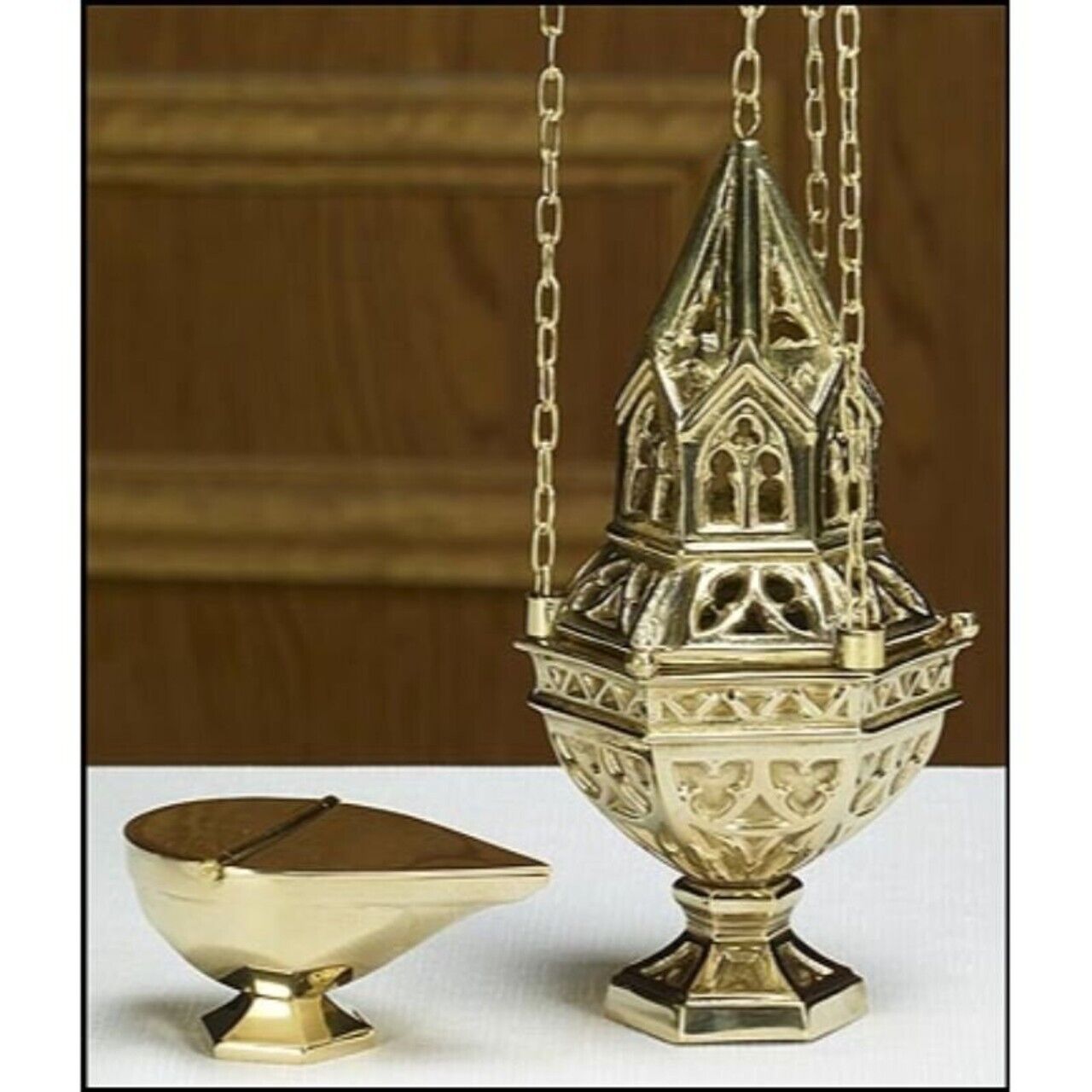 Ornate Hanging Embossed Censer and Boat Set For Church or Sanctuary 10 In