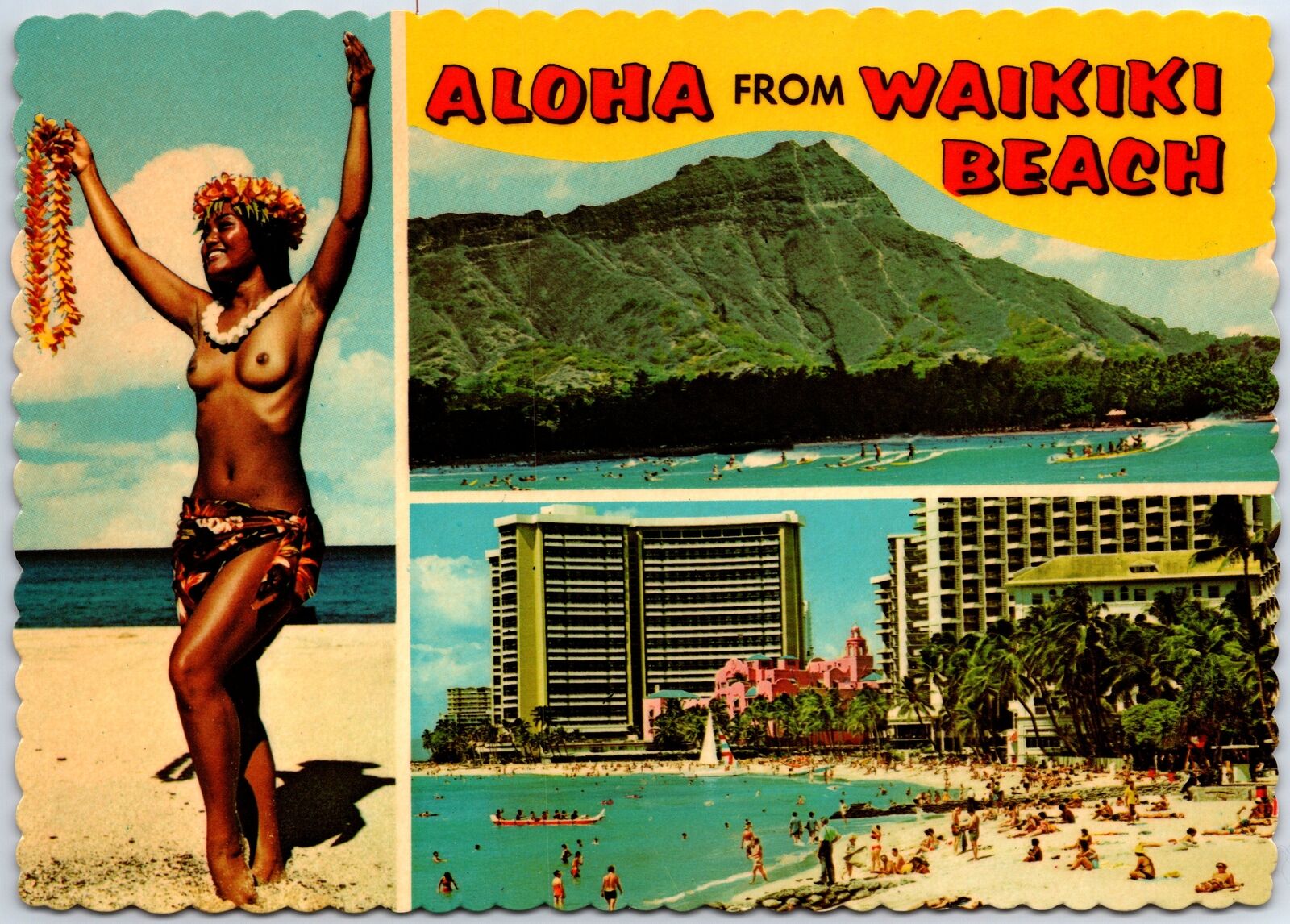 CONTINENTAL SIZE POSTCARD THREE (3) SCENIC VIEWS OF WAIKIKI HAWAII c. 1960s