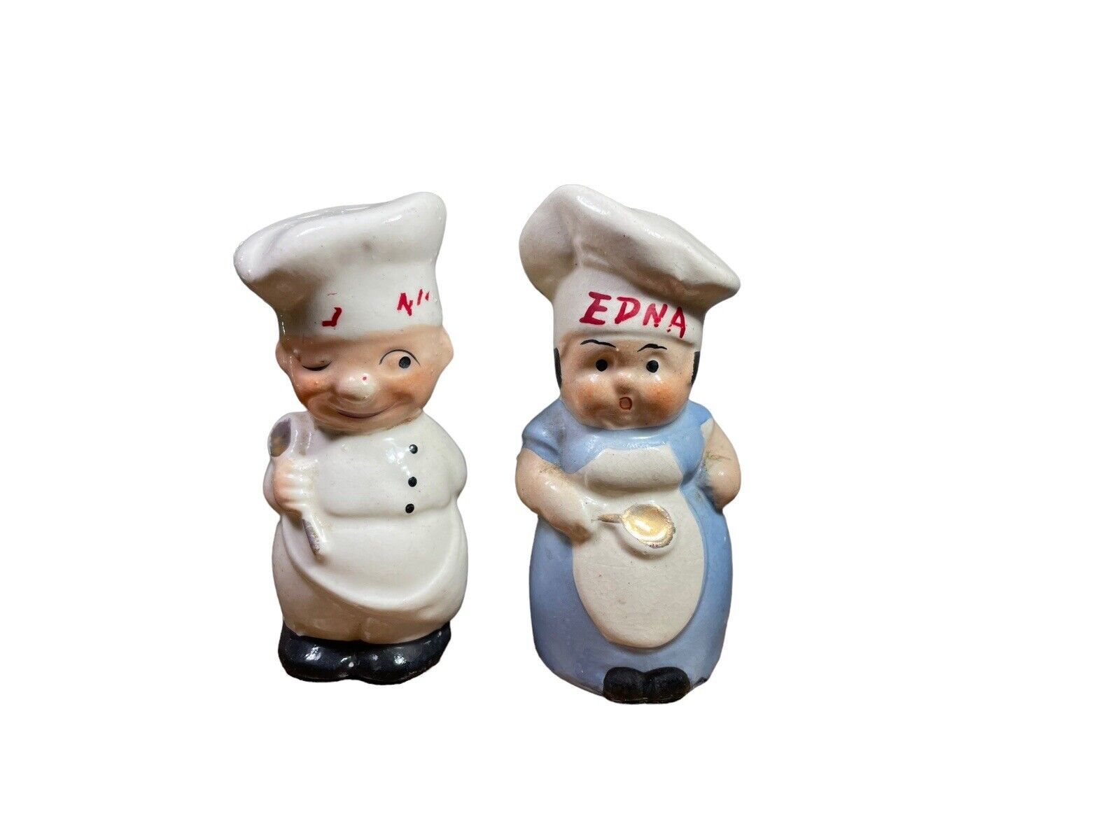 Vintage Chef Salt Pepper Shakers Couple His Hers Married Wife Husband Edna