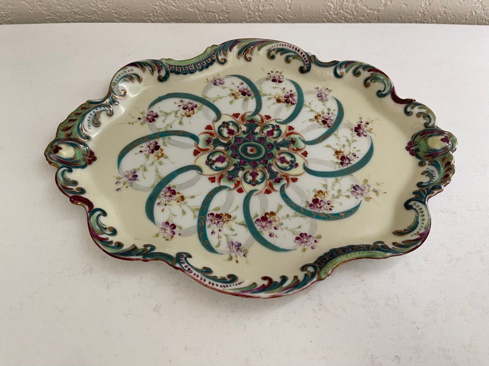 Antique Unmarked Porcelain Dresser Tray w/ Hand Painted Floral Decoration