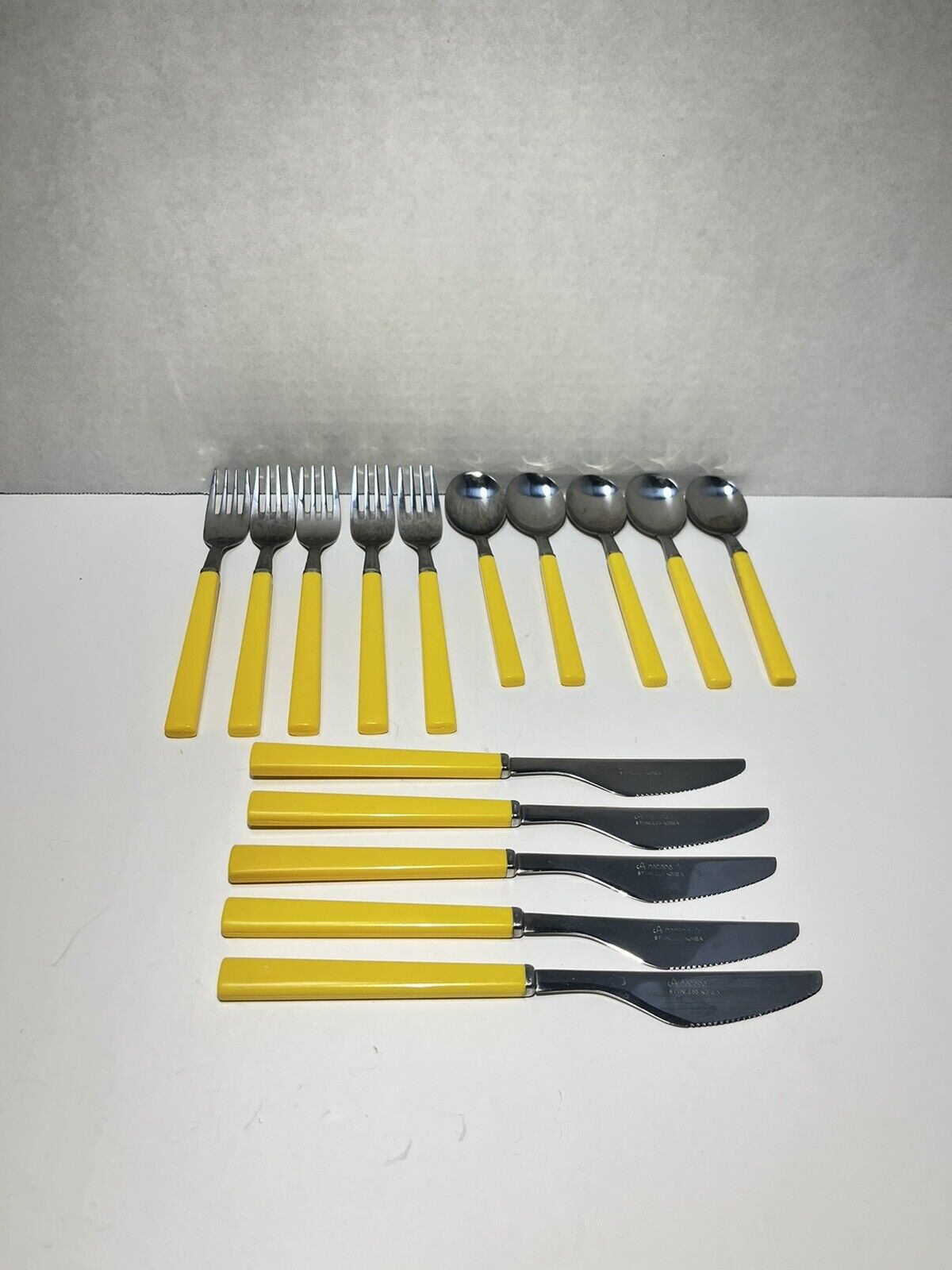 VTG Anacapa Korea Stainless Flatware Set Yellow 15 Pc Forks Spoons Knives