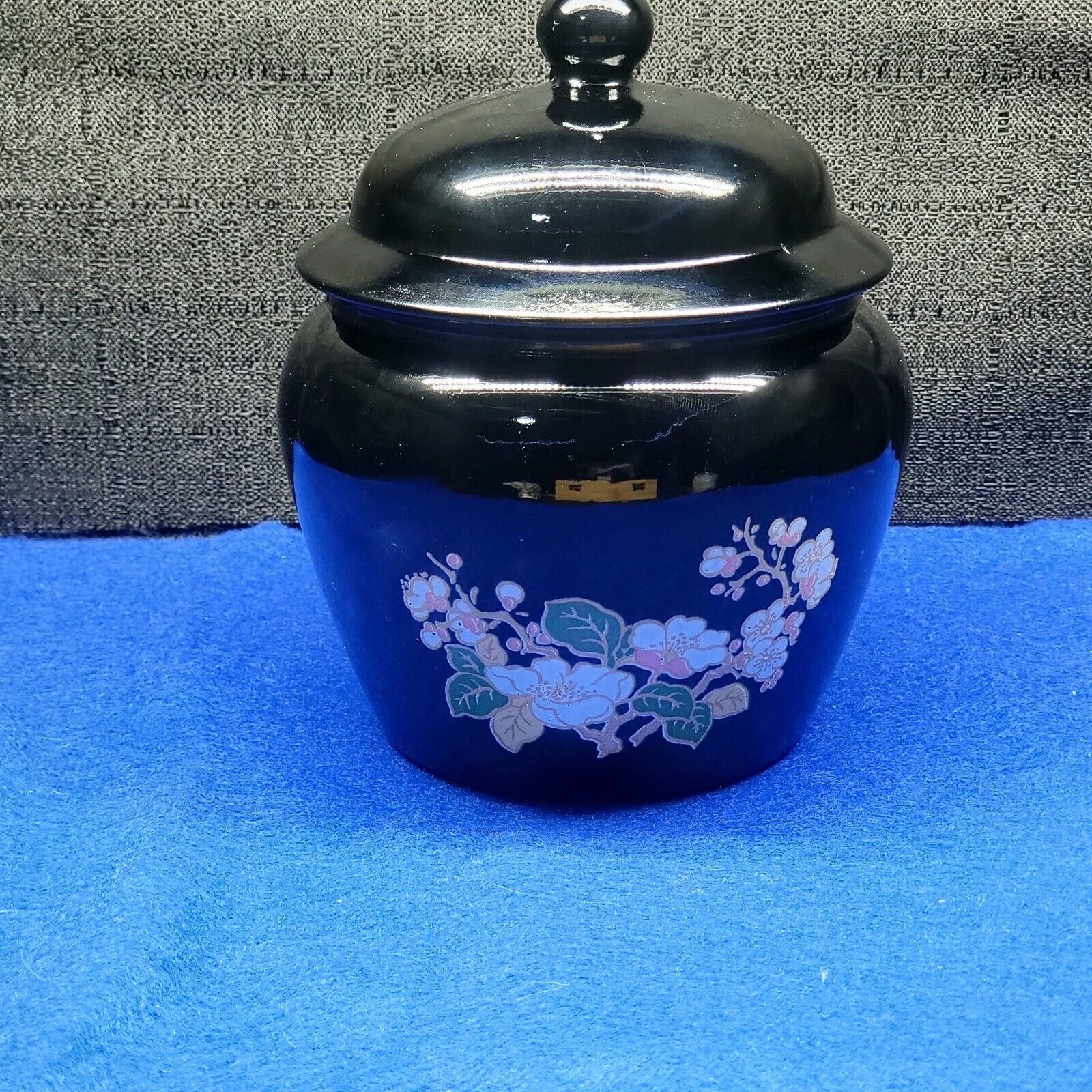 Vintage Avon Black Amethyst Glass Cherry Blossom Flower Jar W Lid