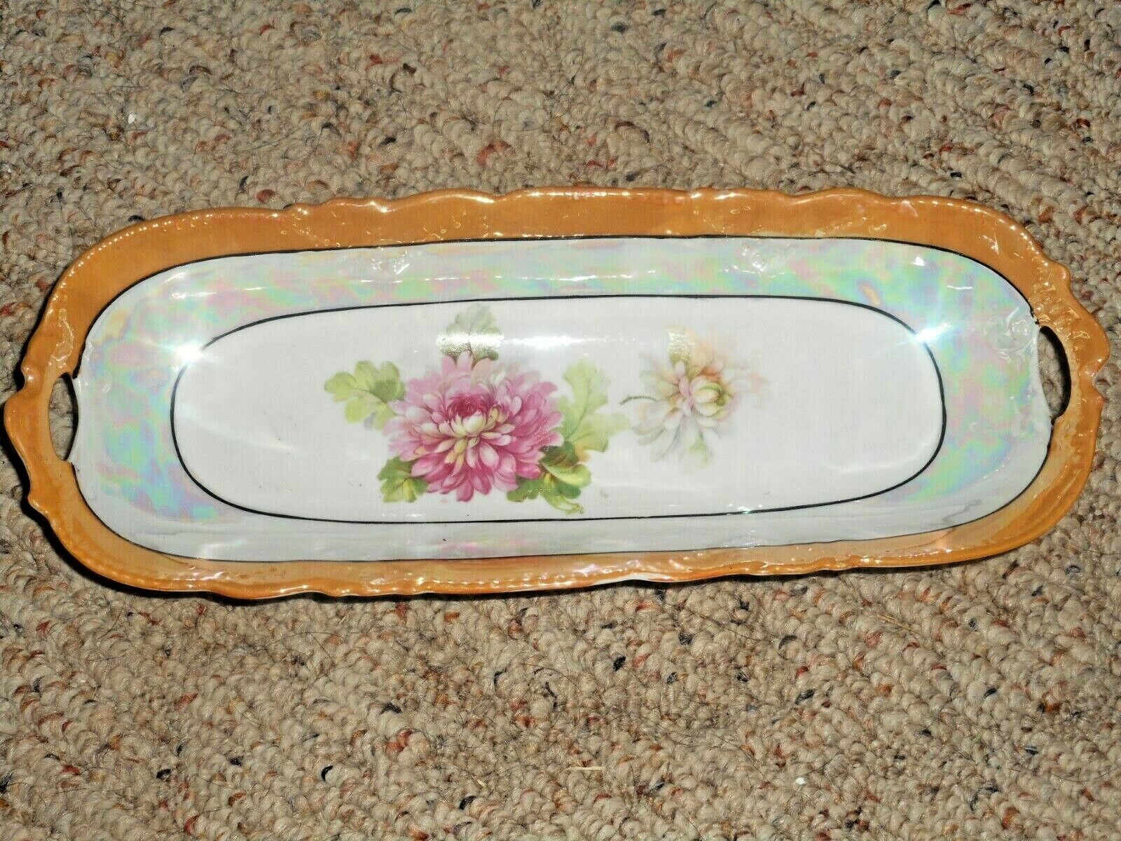 GERMANY Peach Lusterware Relish Celery Tray Double Handle W Antique Roses Design