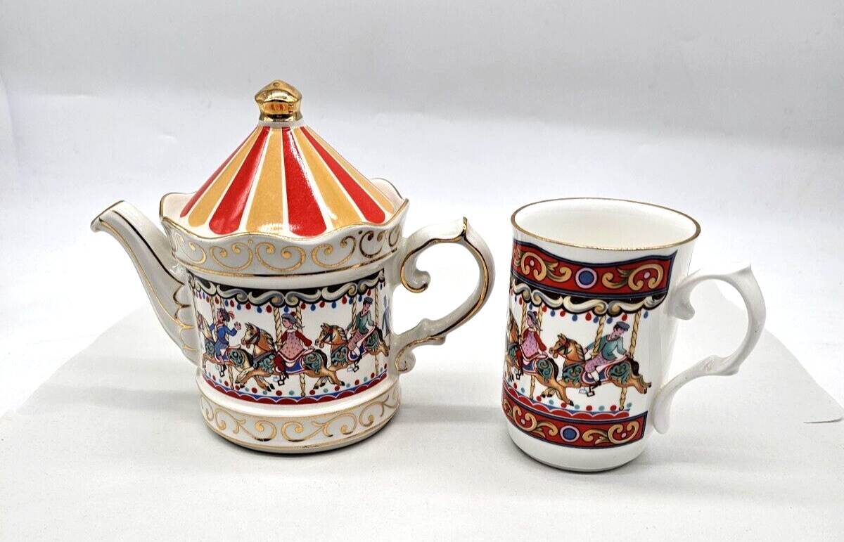 VTG Sadler Edwardian Entertainments Carousel TeaPot & Cup Staffordshire England