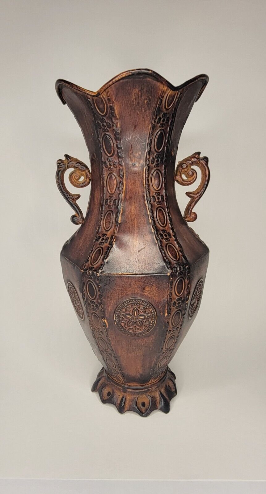 Vintage Ornate Antique Metal Brown Vase Decorative with Handles 13\