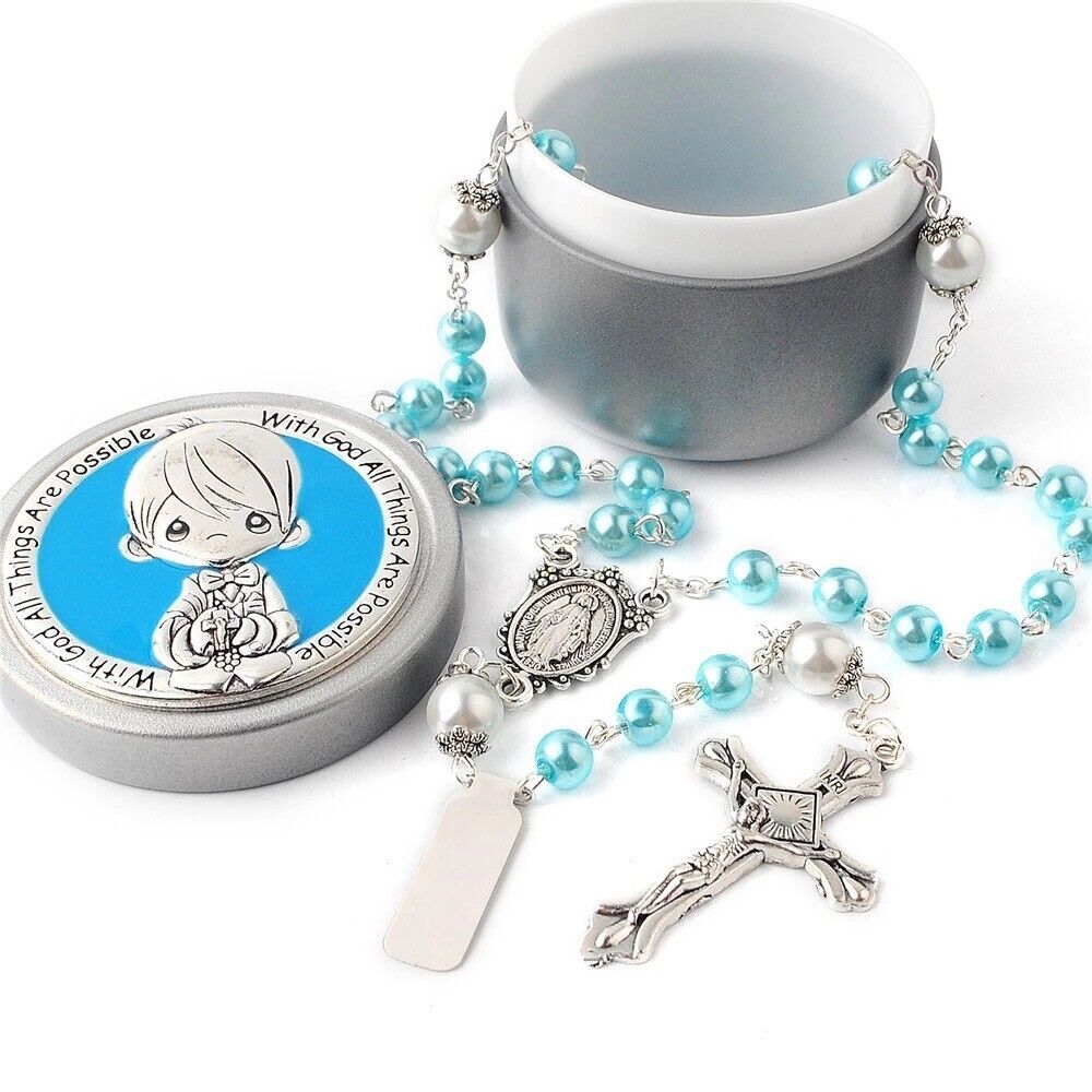 Catholic Town Glass Pearl Beads First Communion Rosary Necklace with Silver box