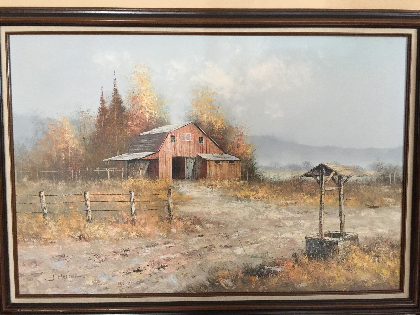 J Medina Original Oil Painting On Canvas, Country Barn, Framed, 35\