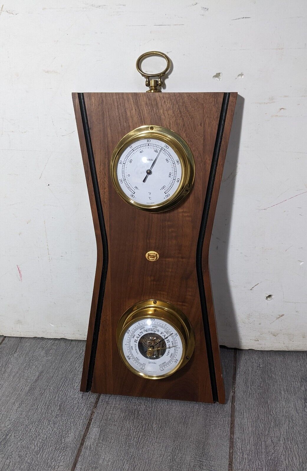 Vintage Huger Barometer Thermometer Germany Mid Century Modern Wood Brass