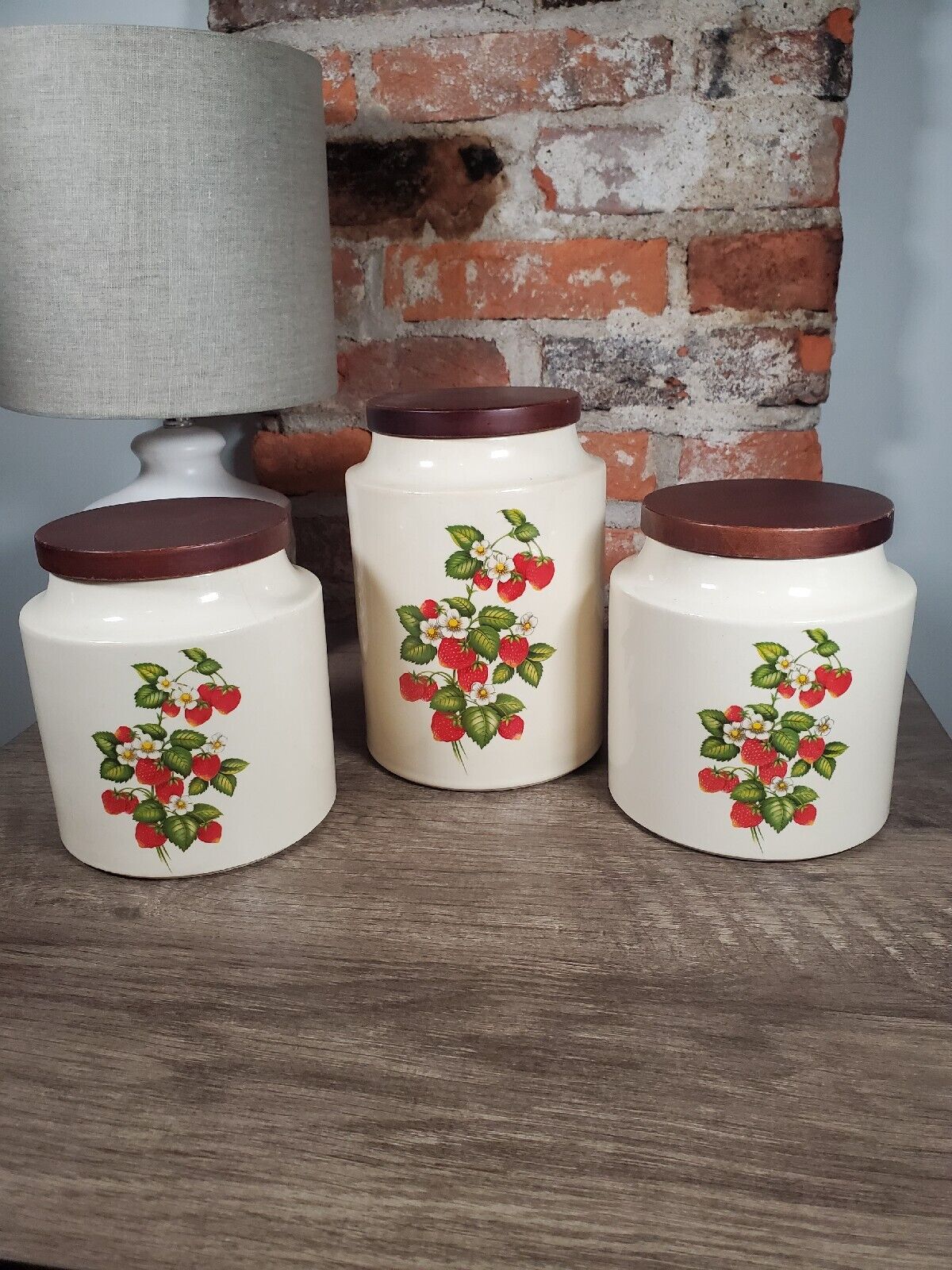 Vintage Hyalyn Pottery Kitchen Strawberry 3 Cannisters Wooden Lids 