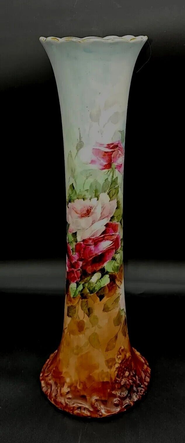 Atq Tresseman Vogt T&V Limoges Art Nouveau Hand Painted Roses Porcelain Vase 16\