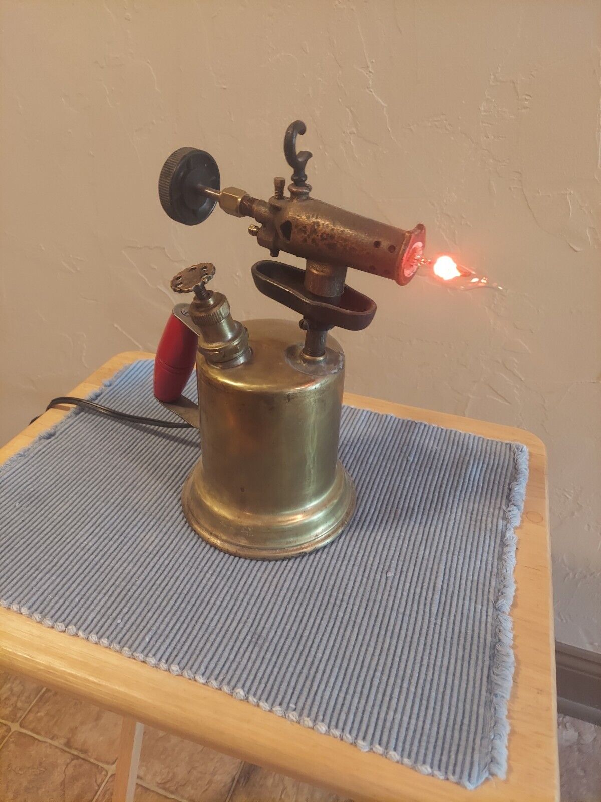 Vintage Brass Blow Torch- Electrified-Switch in Pump Handle-Flickering Bulb.