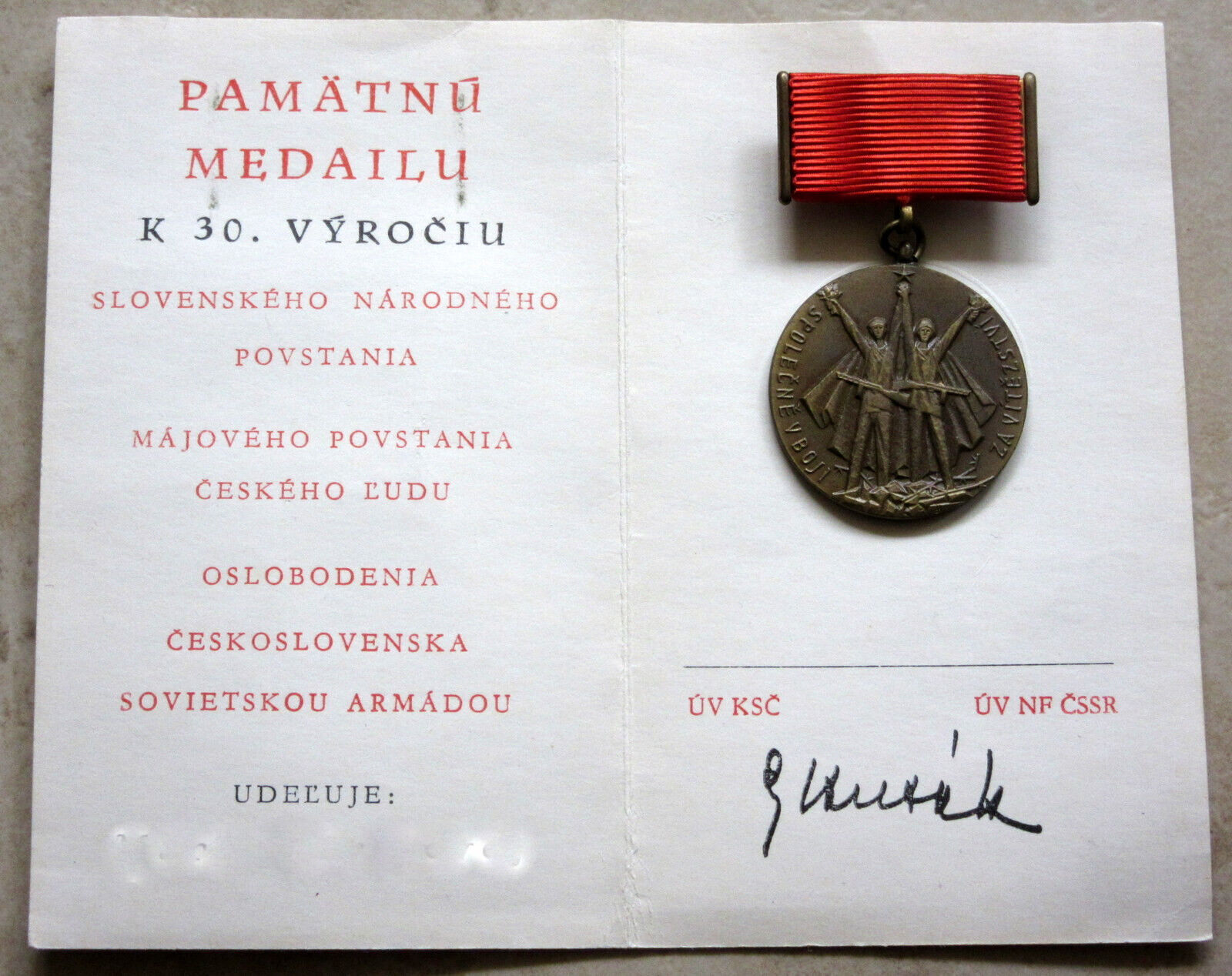 CZECHOSLOVAKIA 1975 WWII VETERAN MEDAL: 30 YEARS LIBERATION Anniv + Certificate