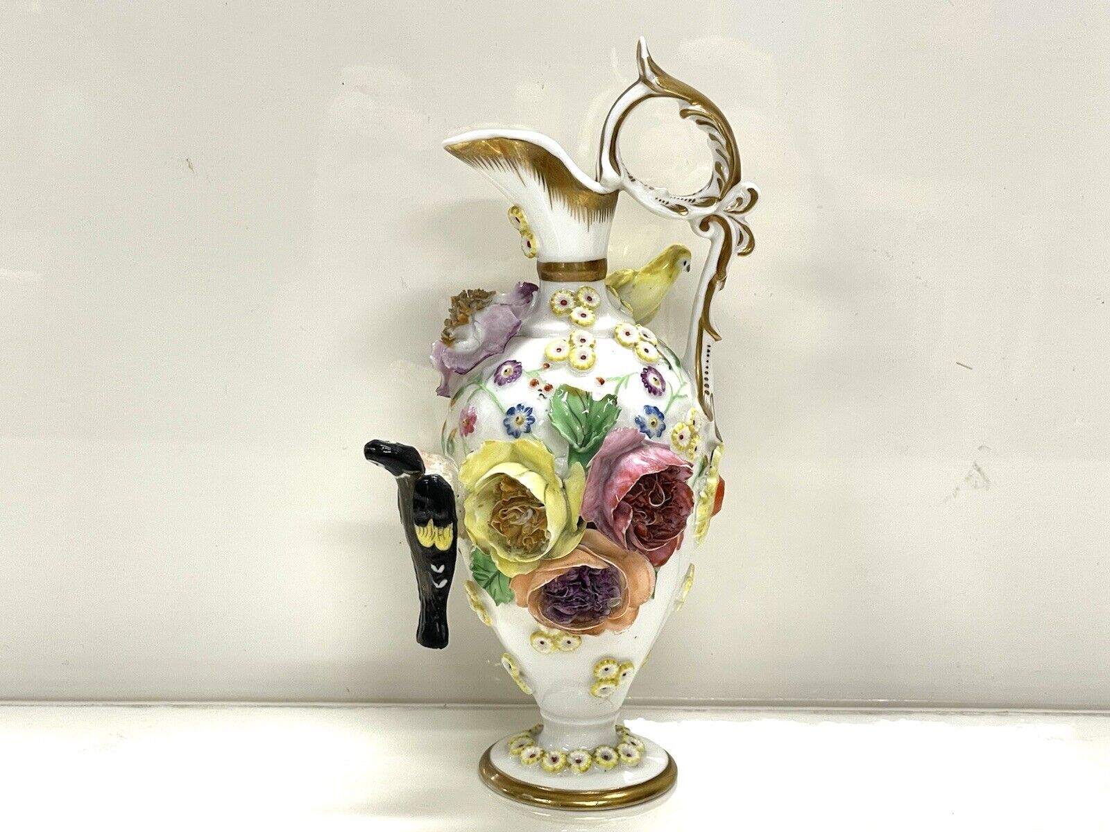 Antique 1800s Spode Floral & Bird Encrusted Miniature Ewer Jug Pitcher #4650