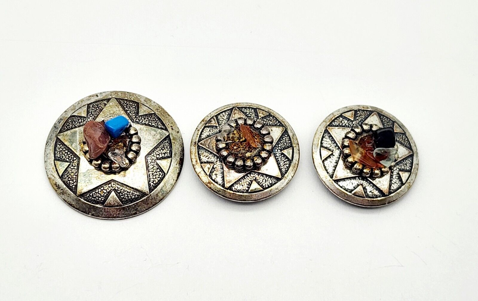 Set of (3) Vintage Silver Tone Metal Native Southwest Gemstone Button Covers