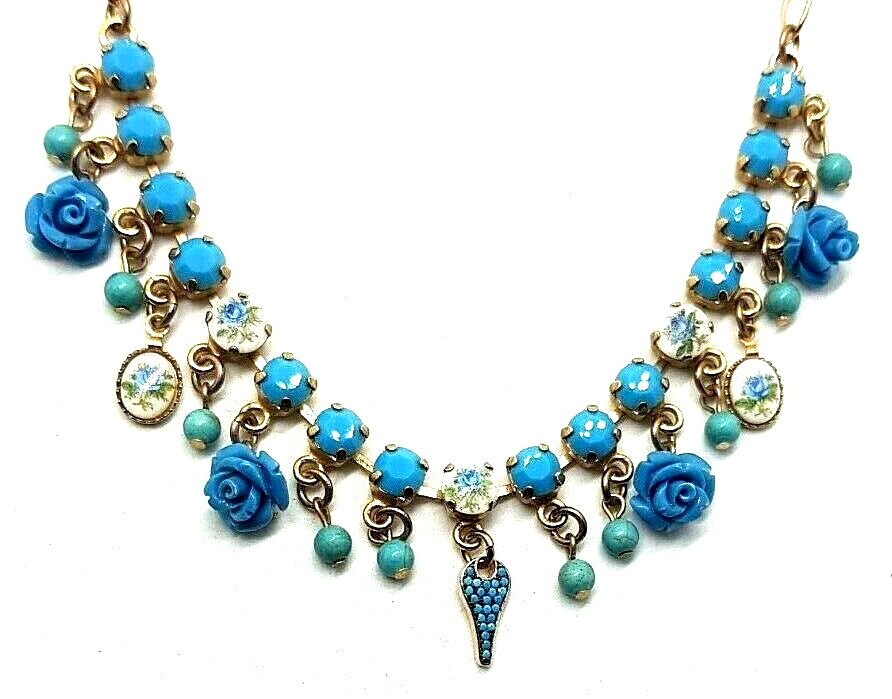 Women's Ladies Genuine Crystal Elements Necklace See Blue Flowers.