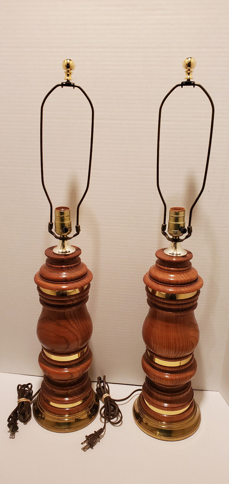 Set of 2, Mid-centry Vintage Wooden W/Brass Accent Collars, Large Table Lamps
