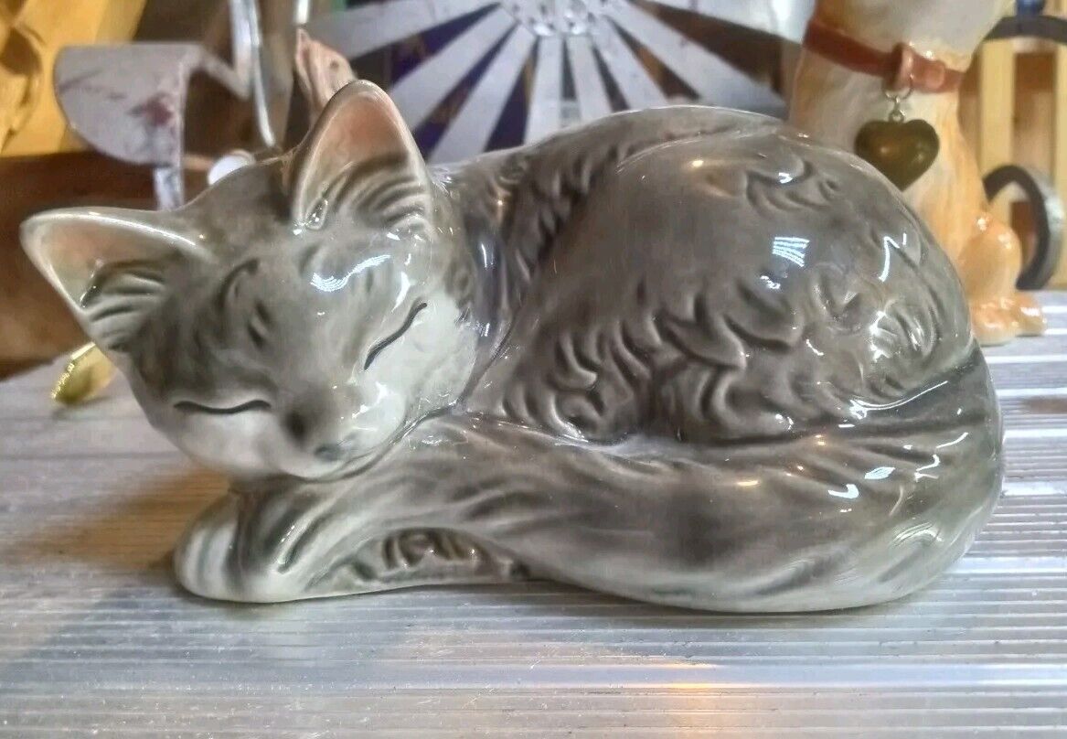 Vintage Goebel West Germany Sleeping Cat Figurine Gray Tabby Kitten 