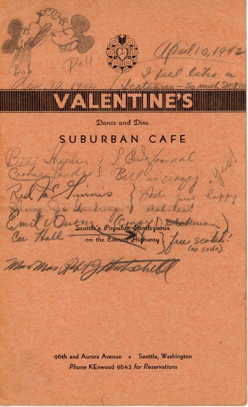 1942 Menu Valentines Suburban Cafe 96th & Aurora Seattle Wa Mickey Mouse WW2