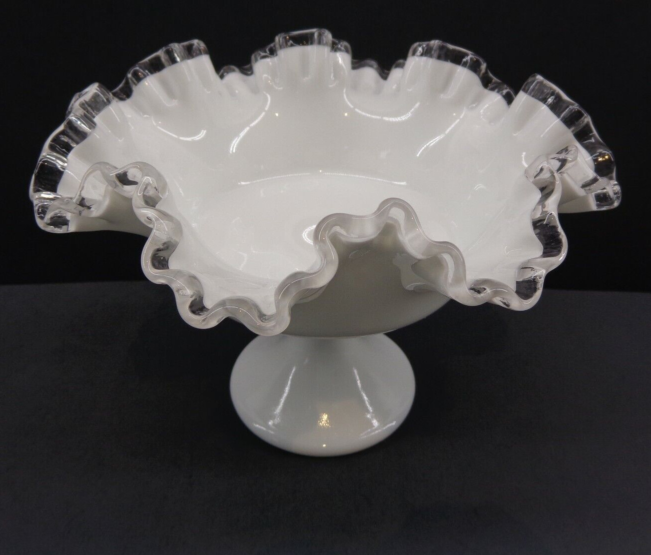 NICE~Vintage FENTON SILVER CREST Milk Glass Ruffled Pedestal CANDY DISH/COMPOTE