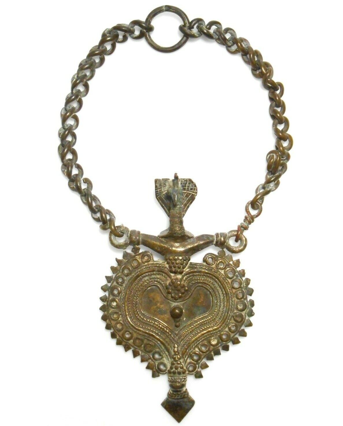 LATE 19TH-EARLY 20TH C INDIAN LG BRONZE HEART-SHAPED PEACOCK PENDANT W/CHAIN