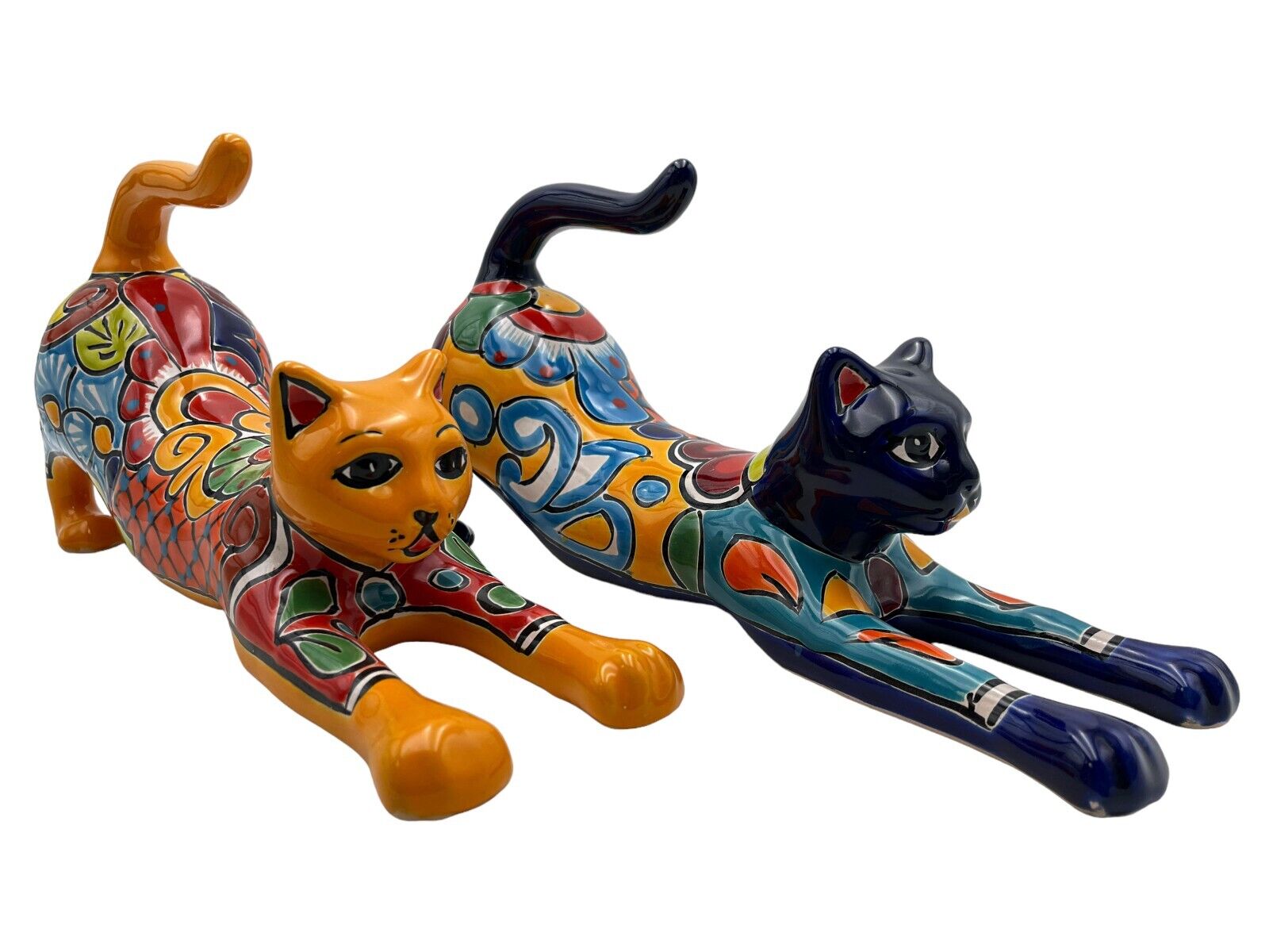 Talavera Cat Stretching 2 Cute Folk Art Mexican Pottery Hand Painted Length 14\