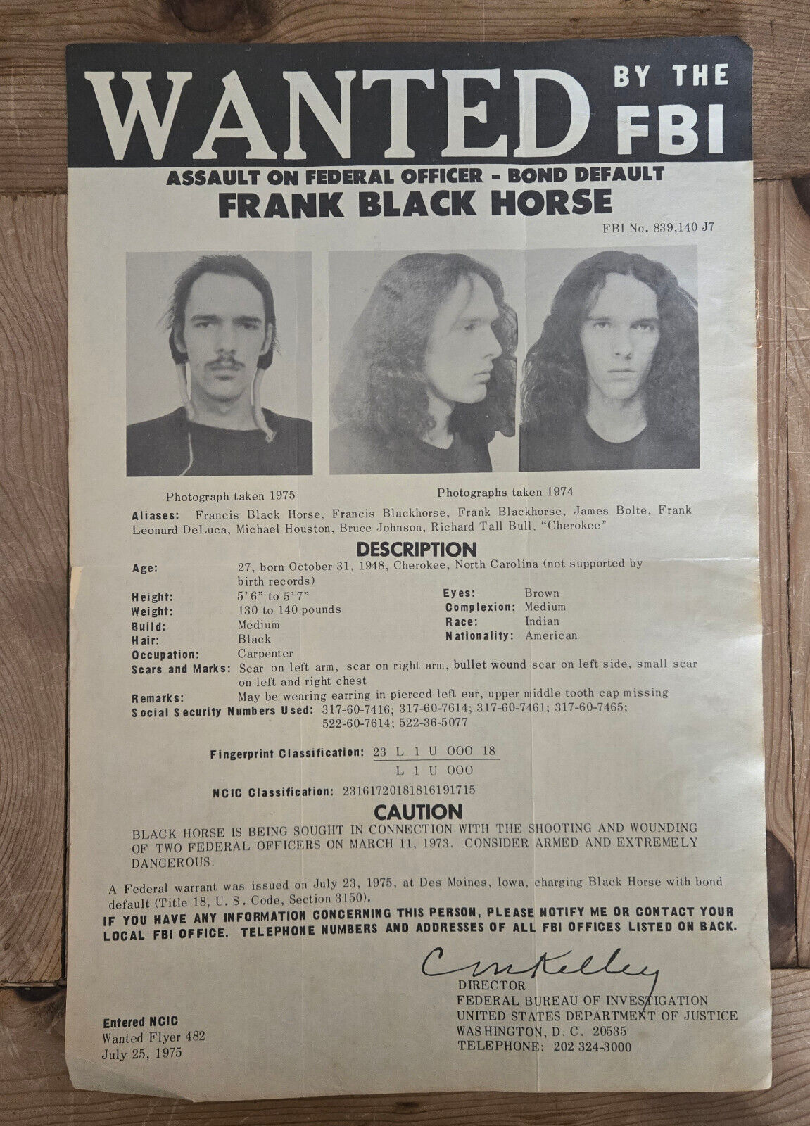 Original 1975 Frank Blackhorse FBI Wanted Poster - Wounded Knee Incident