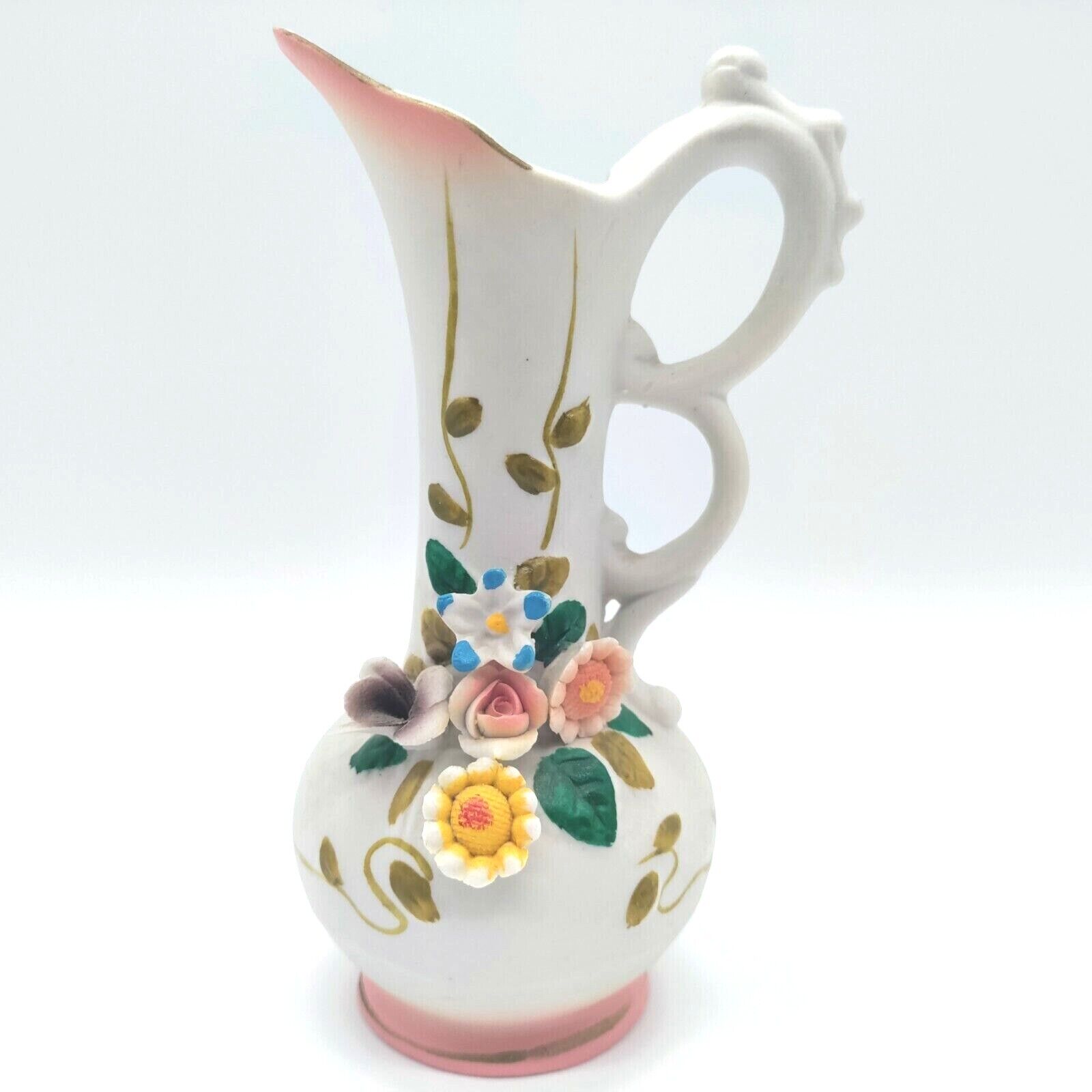 VTG Interpur White Vase Pitcher Raised Flower Design Bisque Capodimonte Taiwan