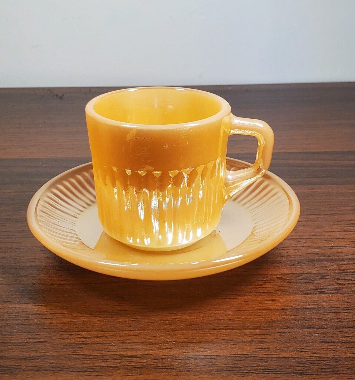 Vintage Fire King Peach Luster Espresso Tea Demitasse Cup w Saucer | Miniature 