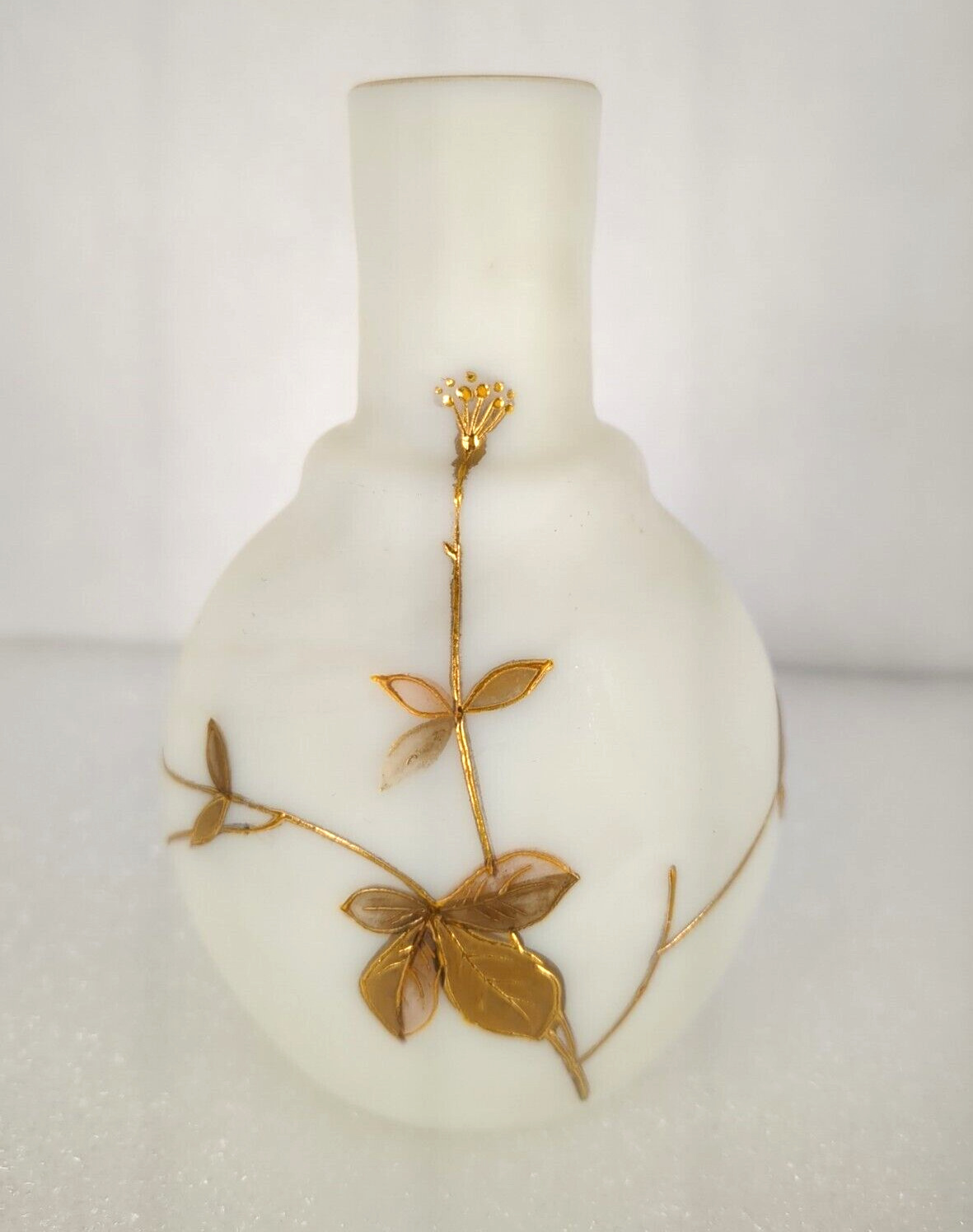 Antique White Satin Opaline Glass Vase Enameled Gold Leaves 4.5 Inch