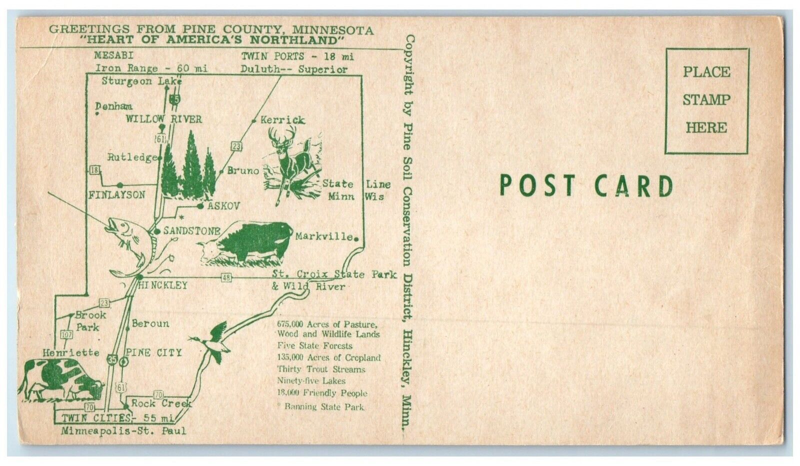 c1940 MAP Greetings From Pine County Minnesota Unposted Antique Vintage Postcard