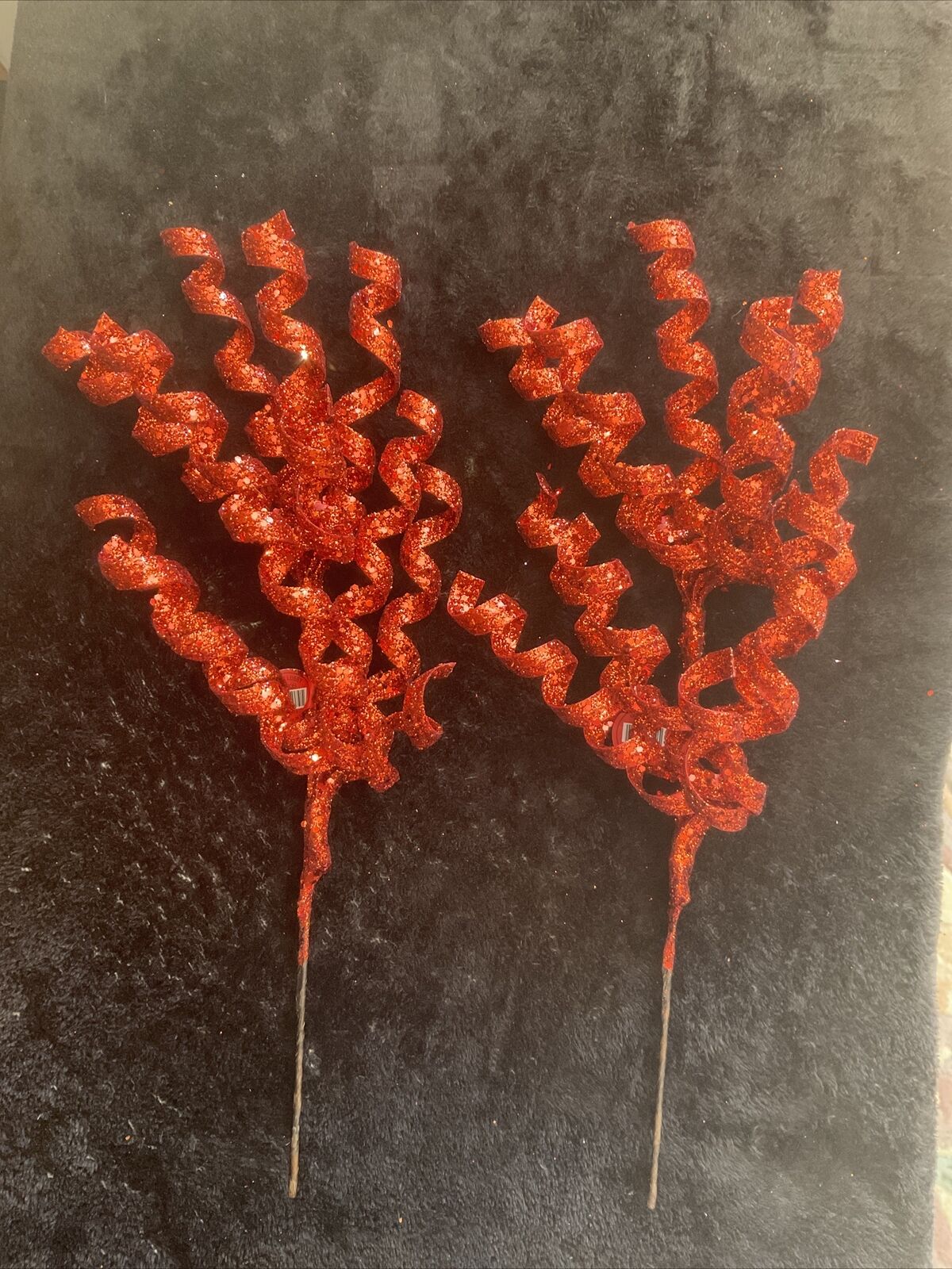15” Red Glitter Spiral Coiled Pick/Spray.  Width Is 7 1/2”- 8”.  Set Of Two