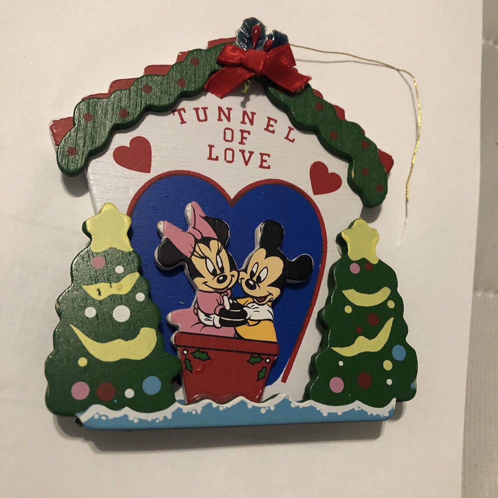 Vintage Disney  Mickey & Minnie Tunnel Of Love 5” Wooden Ornament