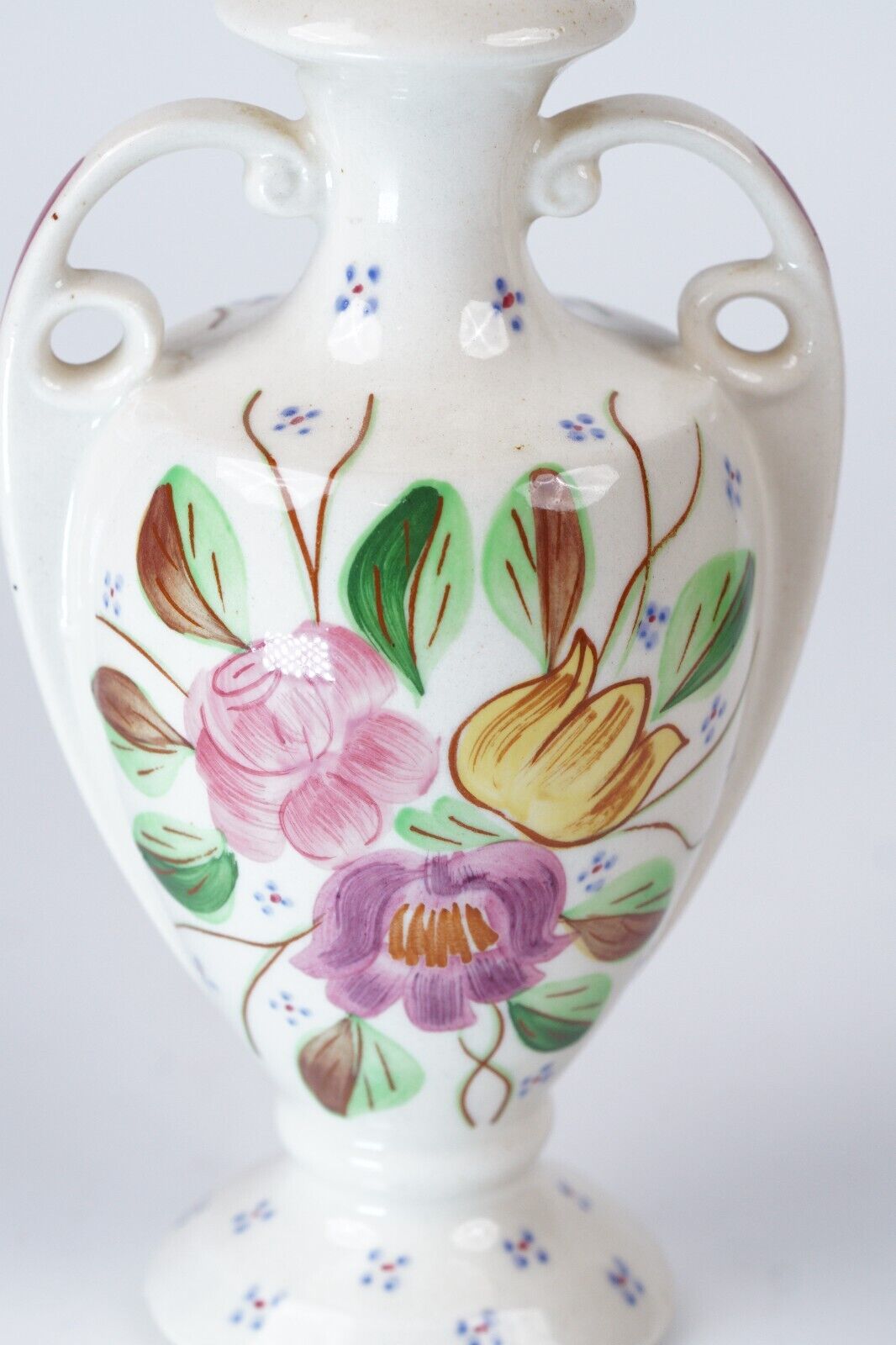 Vintage Porcelain Hand Painted Flower Handled Amphora Vase Pottery 8\