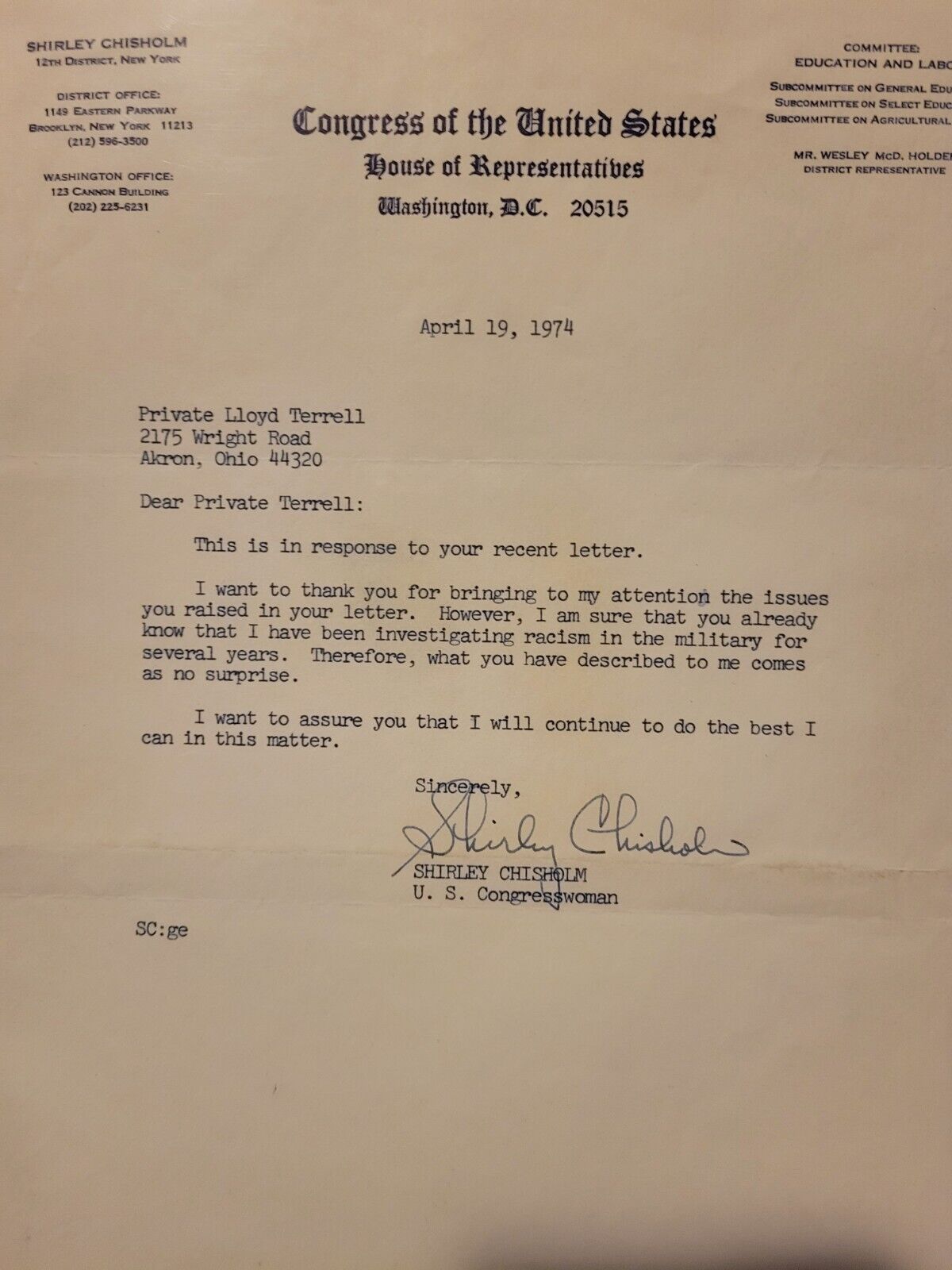 Rare SHIRLEY CHISHOLM Autographed / Signed Letter on Congressional Letterhead
